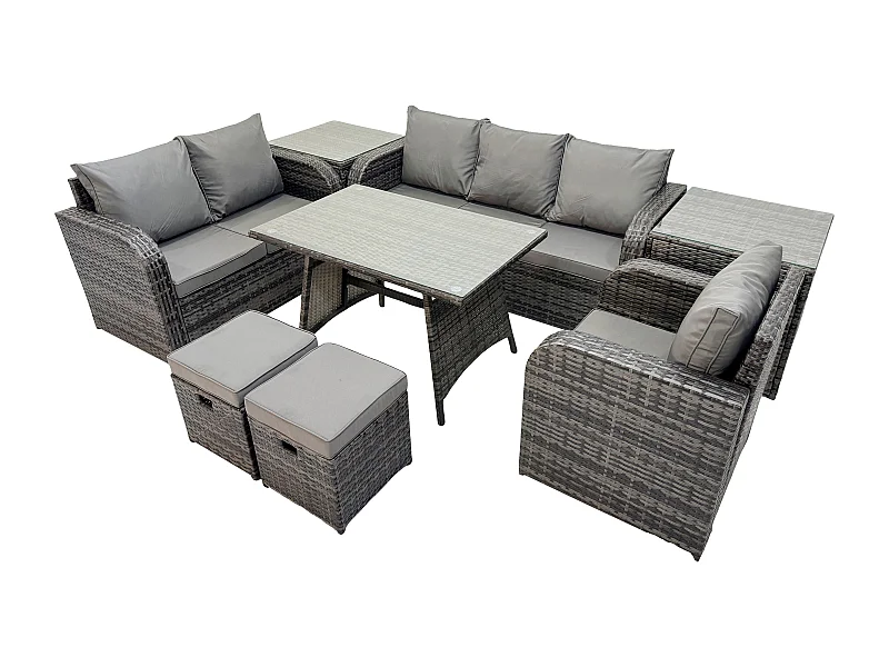 8 PCS Ensemble de canapés en rotin Salon de jardin avec Table à manger rectangulaire Fauteuil 2 Petits tabourets Gris foncé mixte