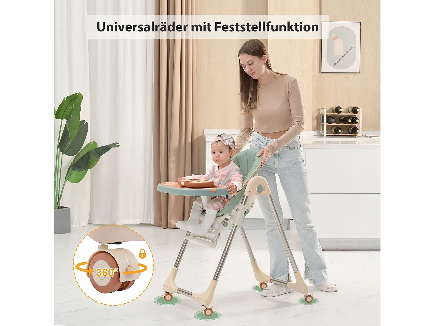 OUNUO Opvouwbare Kinderstoel met Veiligheidsgordel en PU Leren Kussen, 6 Maanden tot 6 Jaar, Groen