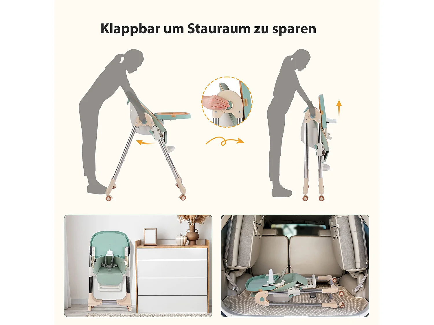 OUNUO Opvouwbare Kinderstoel met Veiligheidsgordel en PU Leren Kussen, 6 Maanden tot 6 Jaar, Groen