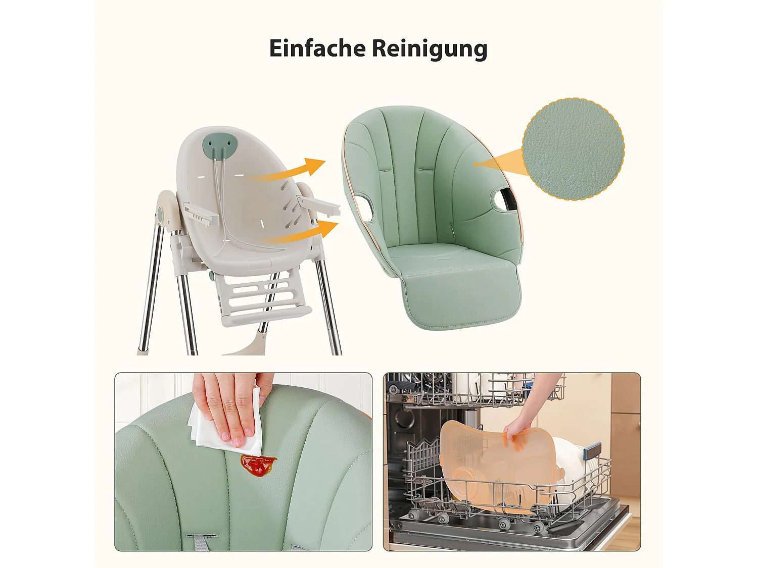 OUNUO Opvouwbare Kinderstoel met Veiligheidsgordel en PU Leren Kussen, 6 Maanden tot 6 Jaar, Groen