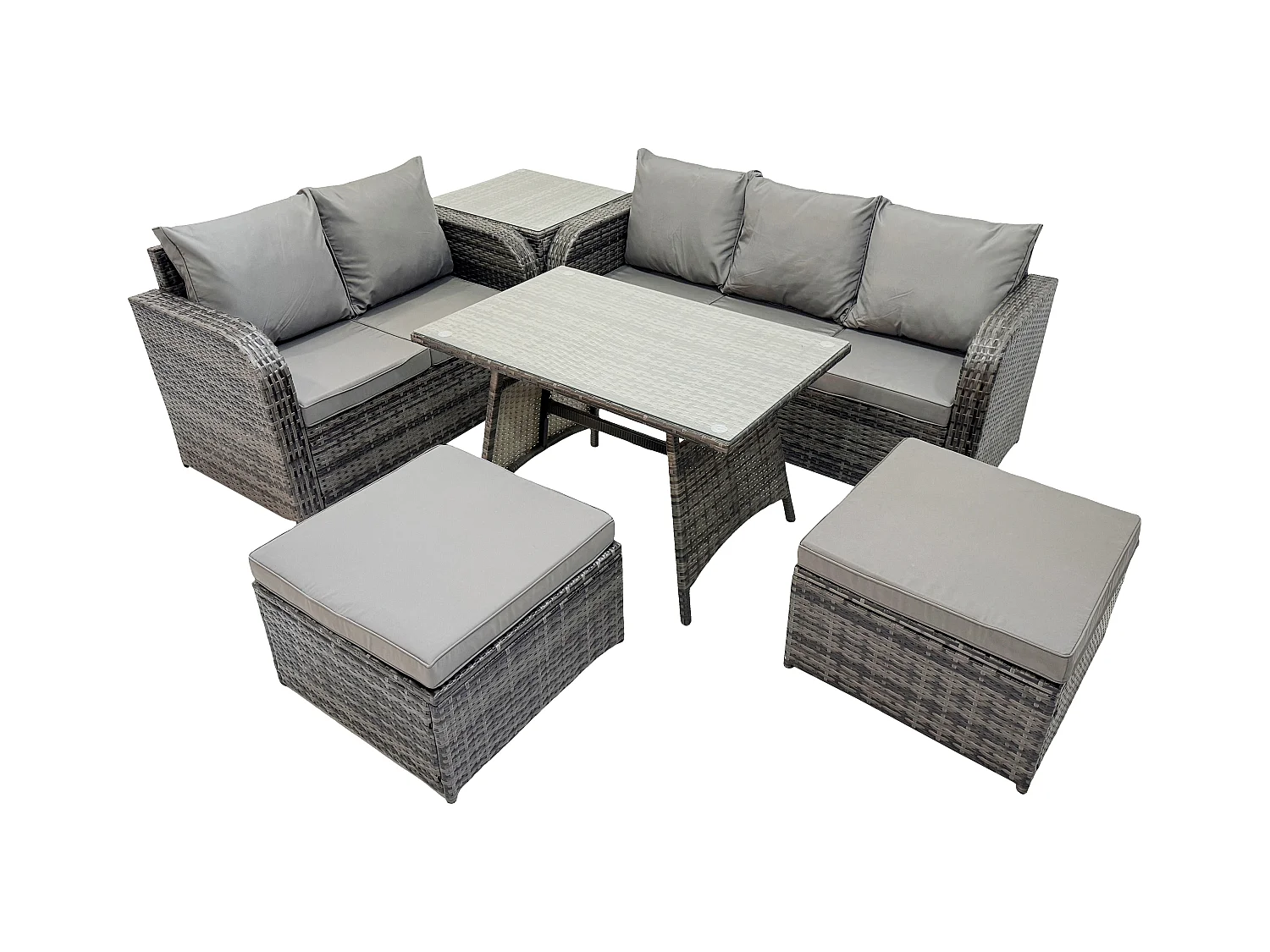 Salon de jardin exterieur 7 places Table à manger rectangulaire 2 Grand tabourets Canapé d'amour Table d'appoint Gris foncé mixte