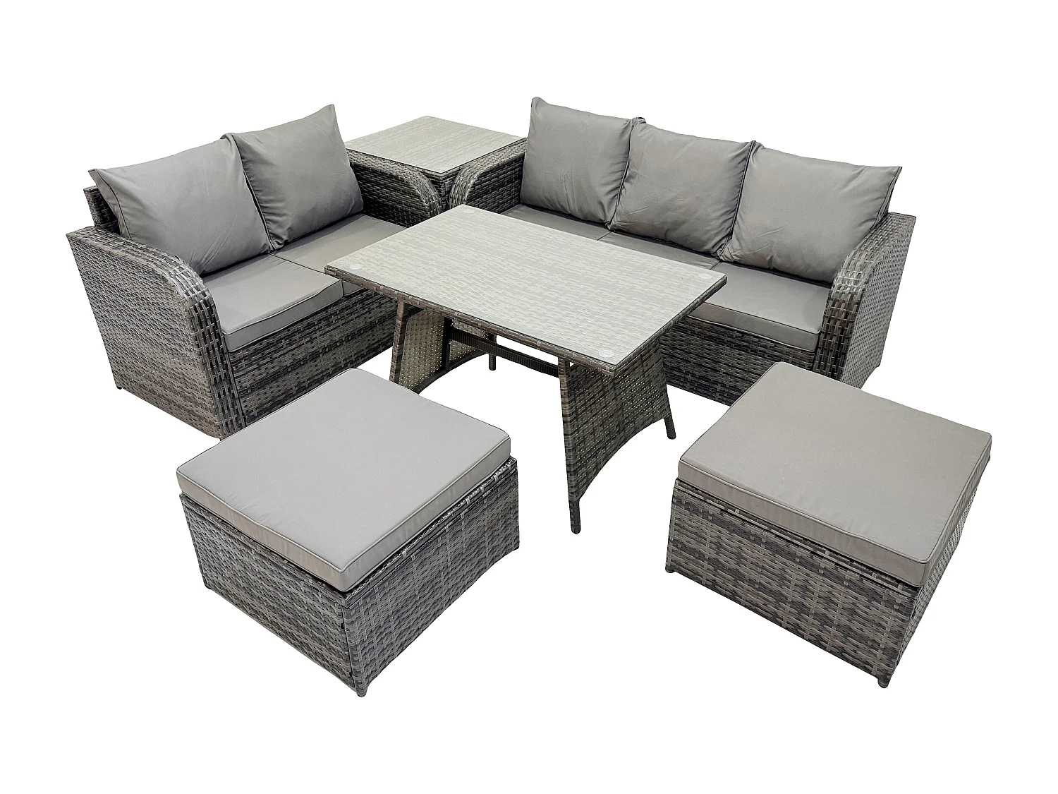 Rattan Gartenmöbel Set 7-Sitzer Rechteckiger Tisch 2 hohen Hockern Love Sofa Beistelltisch Dunkelgrau Gemischt
