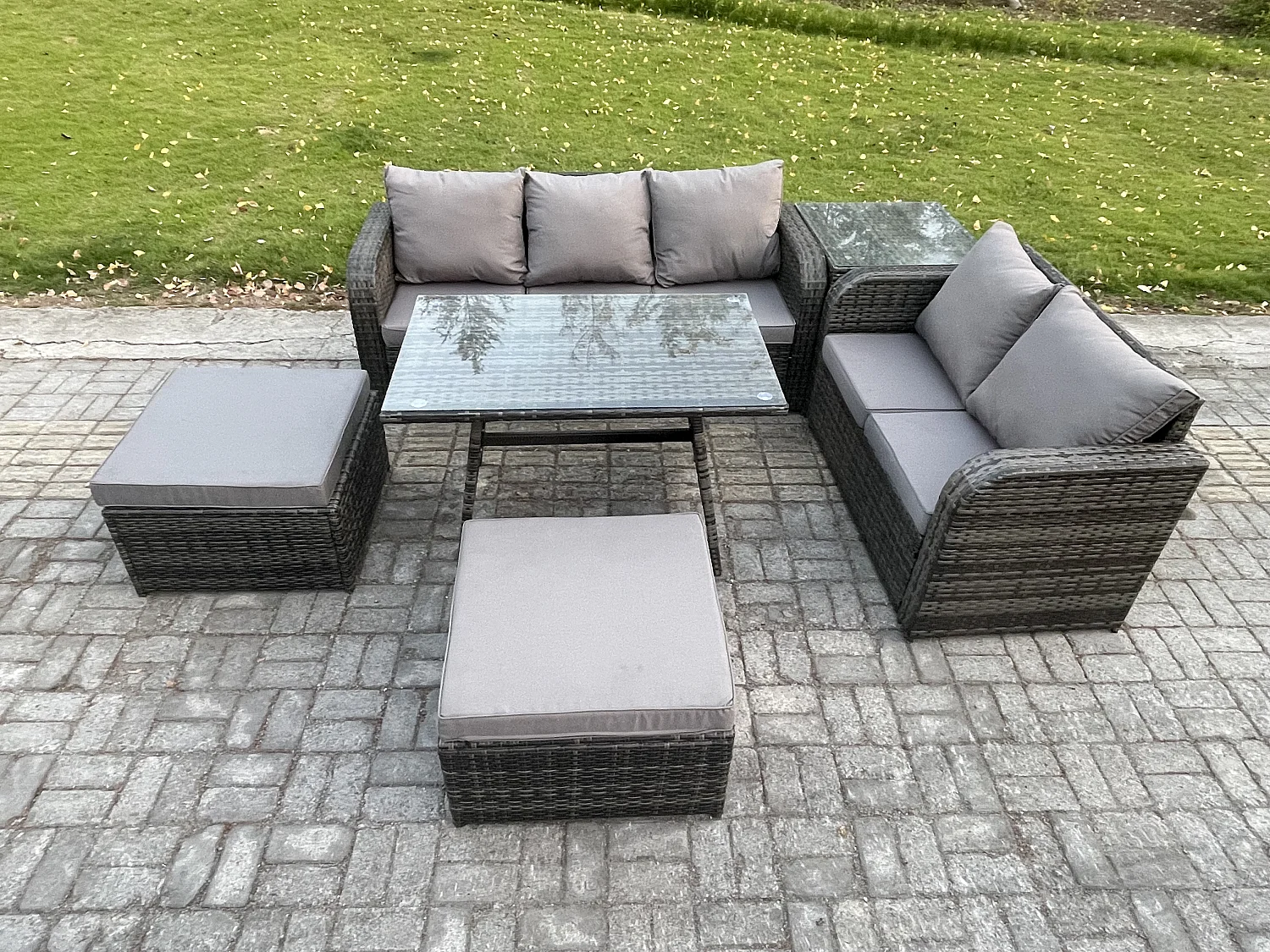 Rattan Gartenmöbel Set 7-Sitzer Rechteckiger Tisch 2 hohen Hockern Love Sofa Beistelltisch Dunkelgrau Gemischt