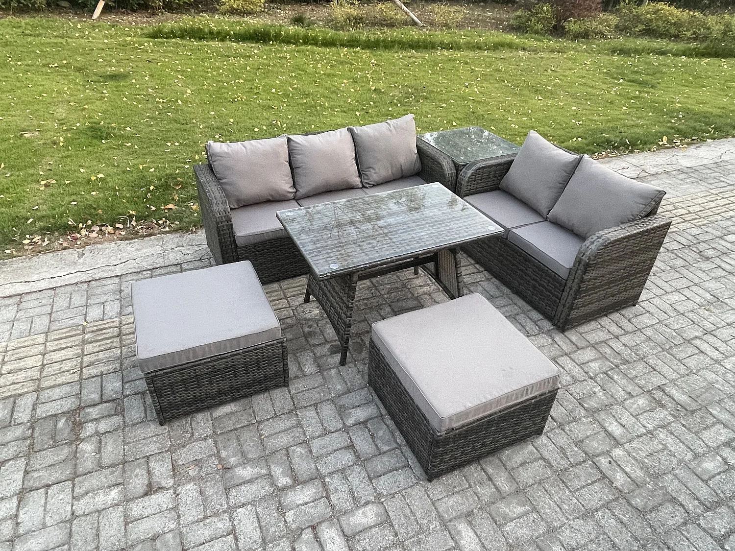 Rattan Gartenmöbel Set 7-Sitzer Rechteckiger Tisch 2 hohen Hockern Love Sofa Beistelltisch Dunkelgrau Gemischt
