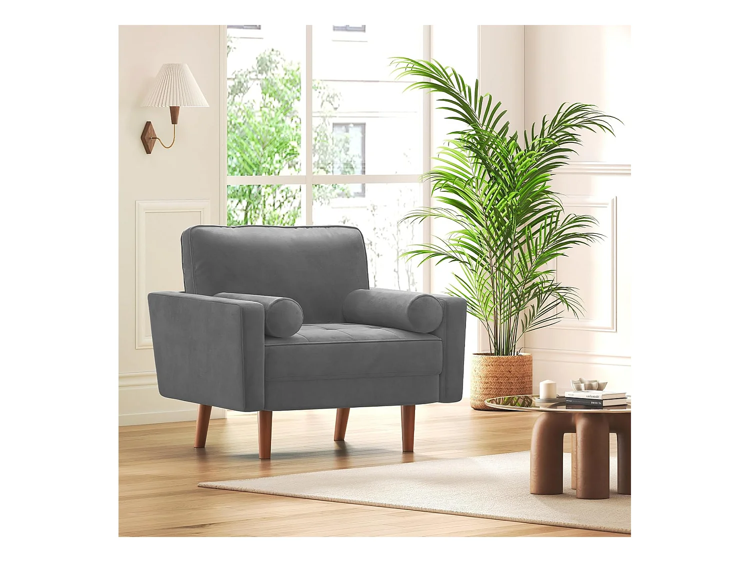 Fauteuil d'appoint en velours gris Vesgantti avec 2 coussins, fauteuils confortables pour chambre à coucher, bureau