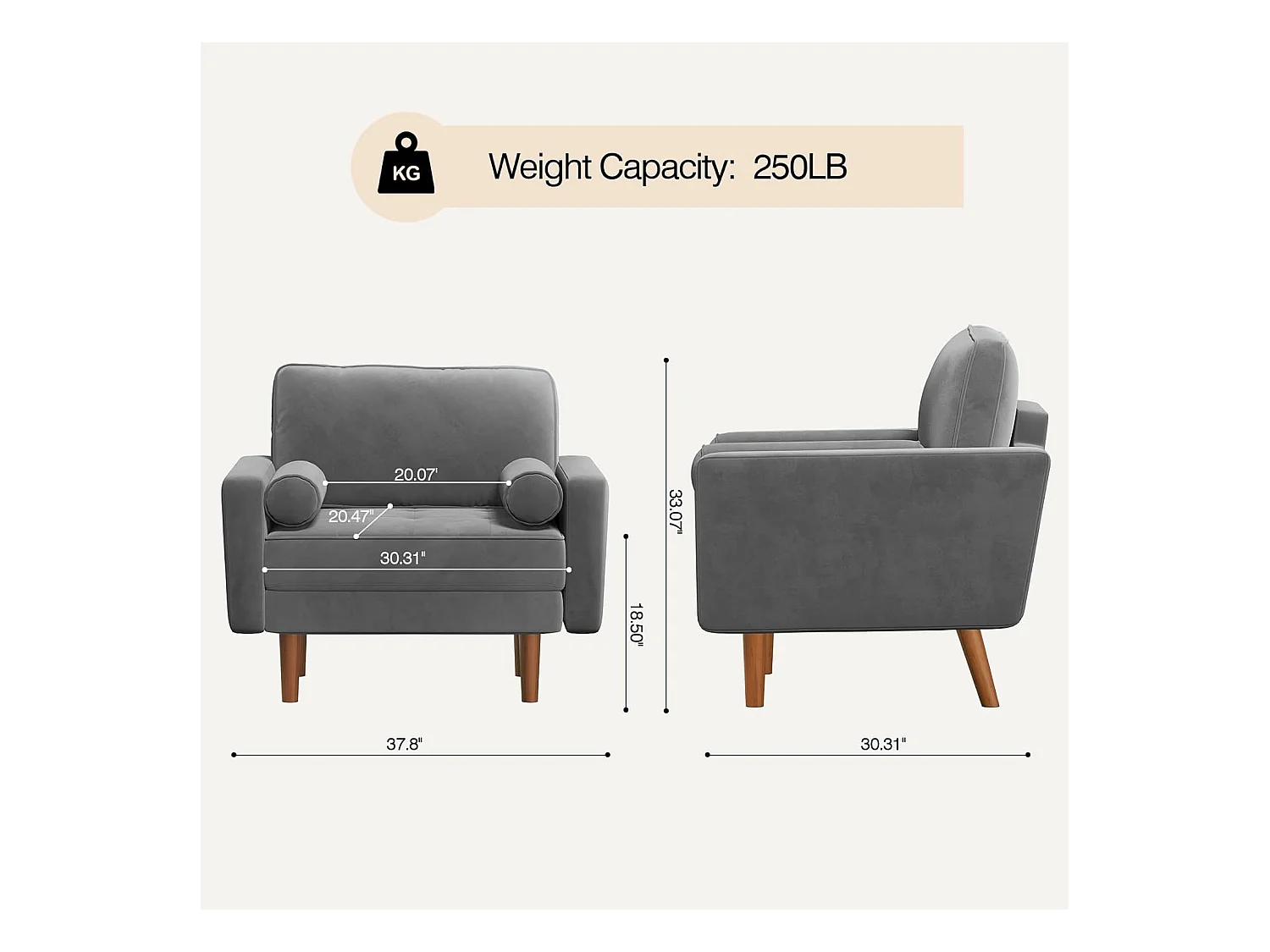 Fauteuil d'appoint en velours gris Vesgantti avec 2 coussins, fauteuils confortables pour chambre à coucher, bureau