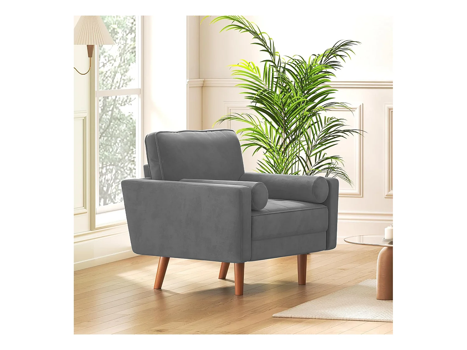 Fauteuil d'appoint en velours gris Vesgantti avec 2 coussins, fauteuils confortables pour chambre à coucher, bureau