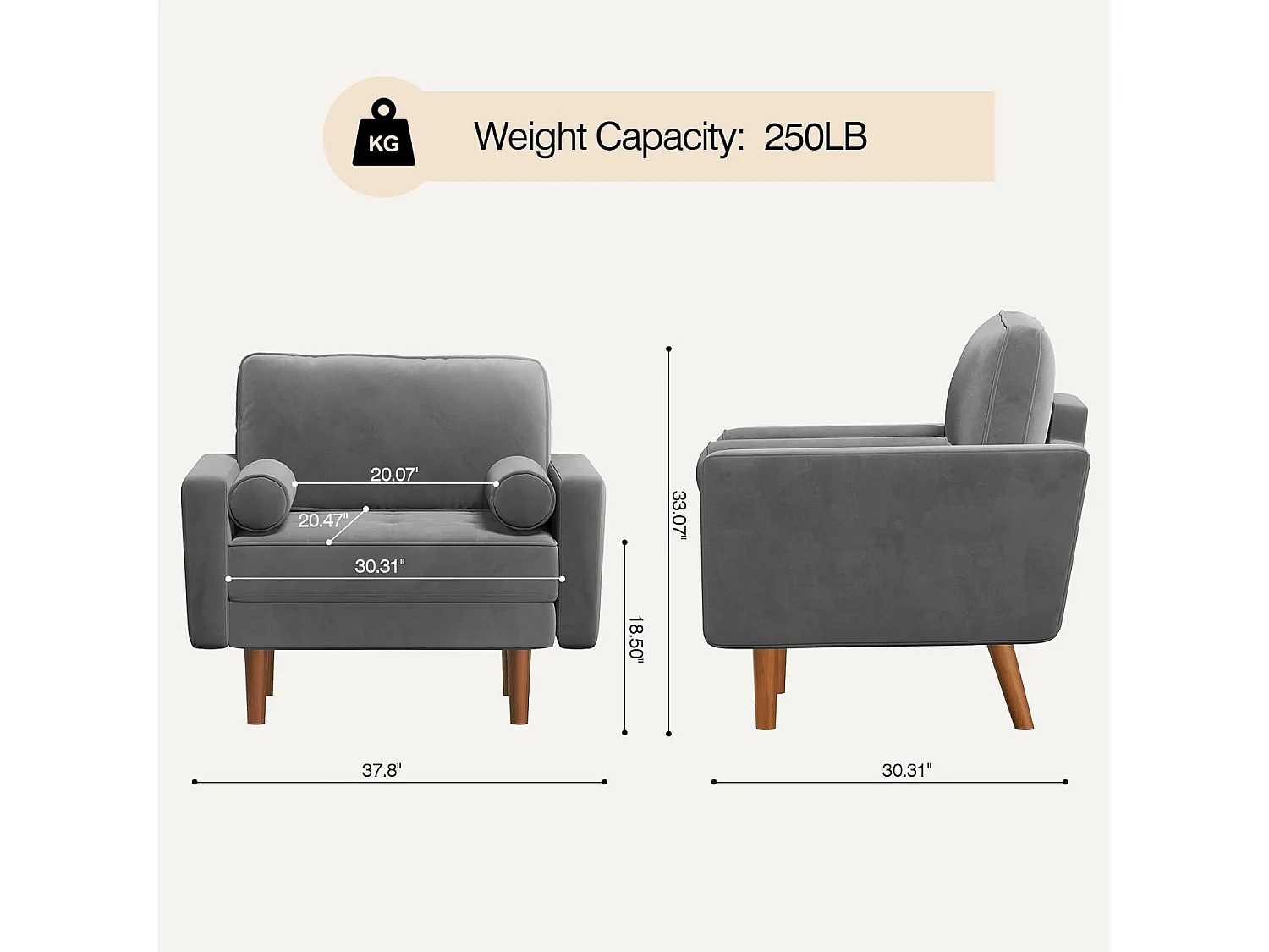 Fauteuil d'appoint en velours gris Vesgantti avec 2 coussins, fauteuils confortables pour chambre à coucher, bureau