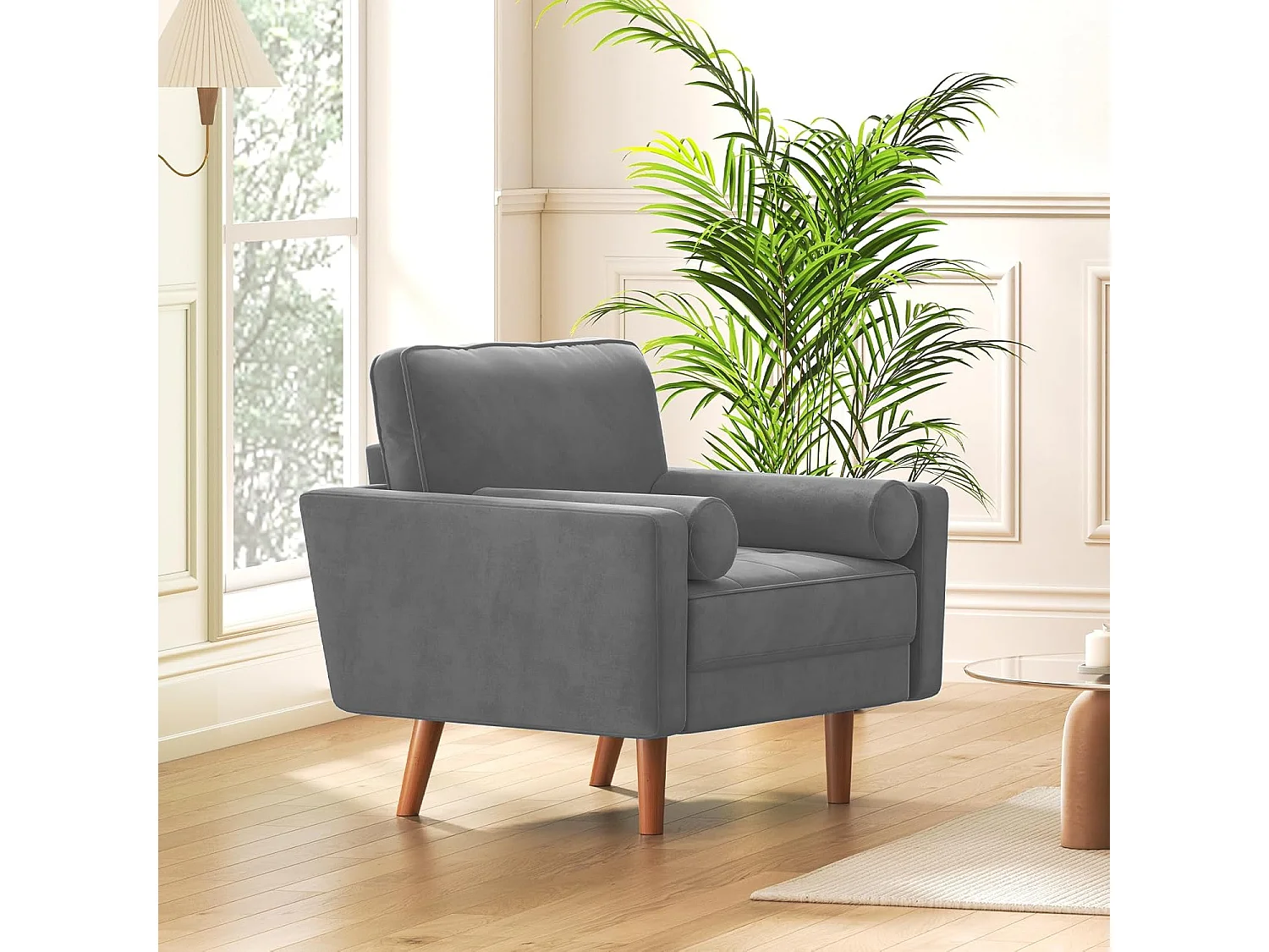 Fauteuil d'appoint en velours gris Vesgantti avec 2 coussins, fauteuils confortables pour chambre à coucher, bureau