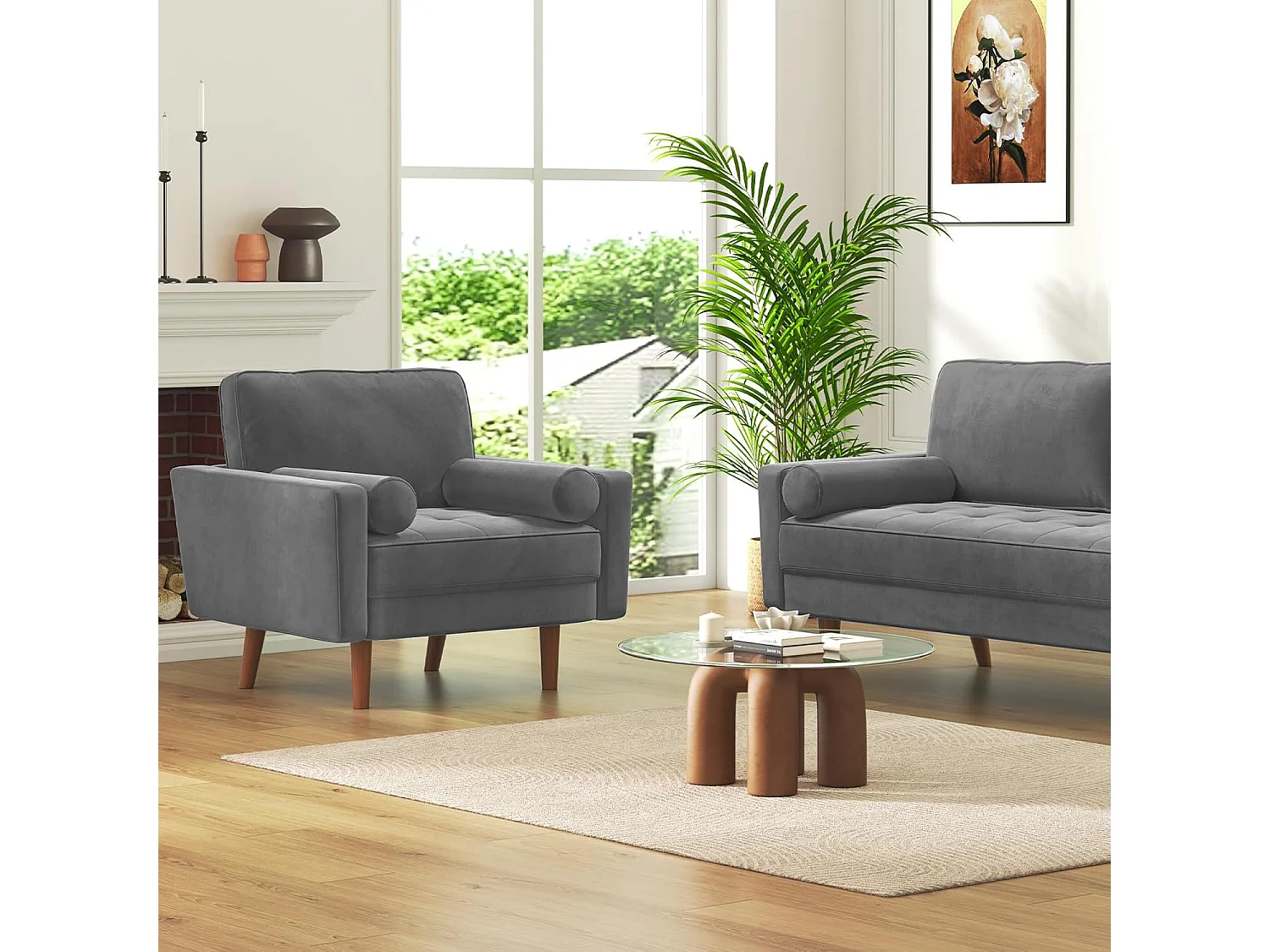 Fauteuil d'appoint en velours gris Vesgantti avec 2 coussins, fauteuils confortables pour chambre à coucher, bureau