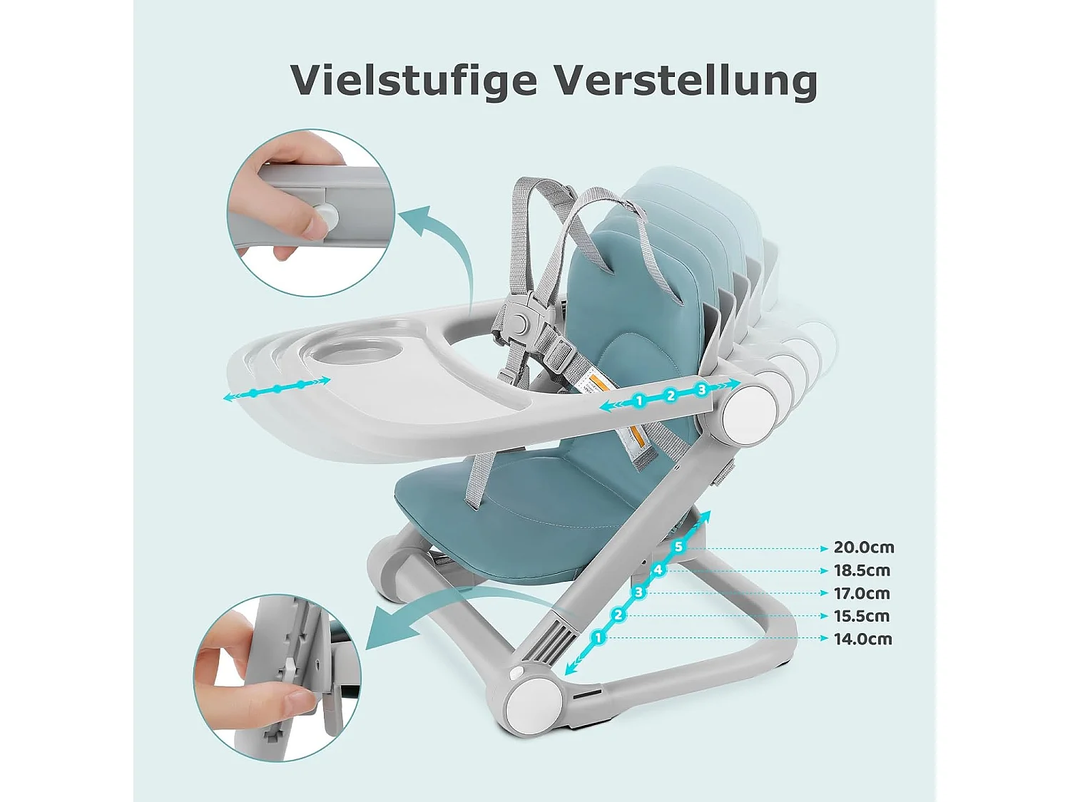 Chaise haute portable pour enfants avec plateau amovible, coussin en PU et ceinture de sécurité à 5 points, hauteur réglable, vert