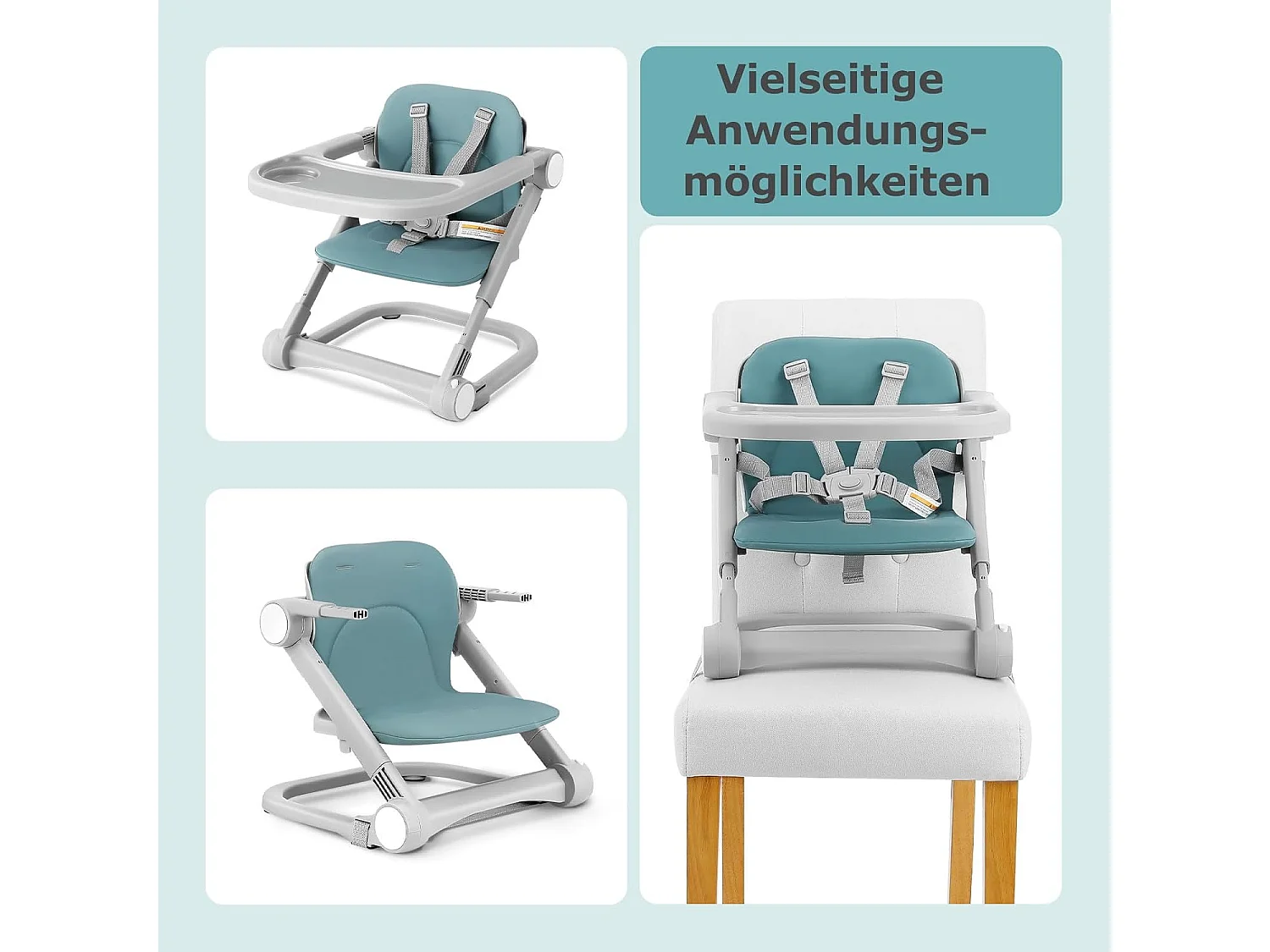 Chaise haute portable pour enfants avec plateau amovible, coussin en PU et ceinture de sécurité à 5 points, hauteur réglable, vert