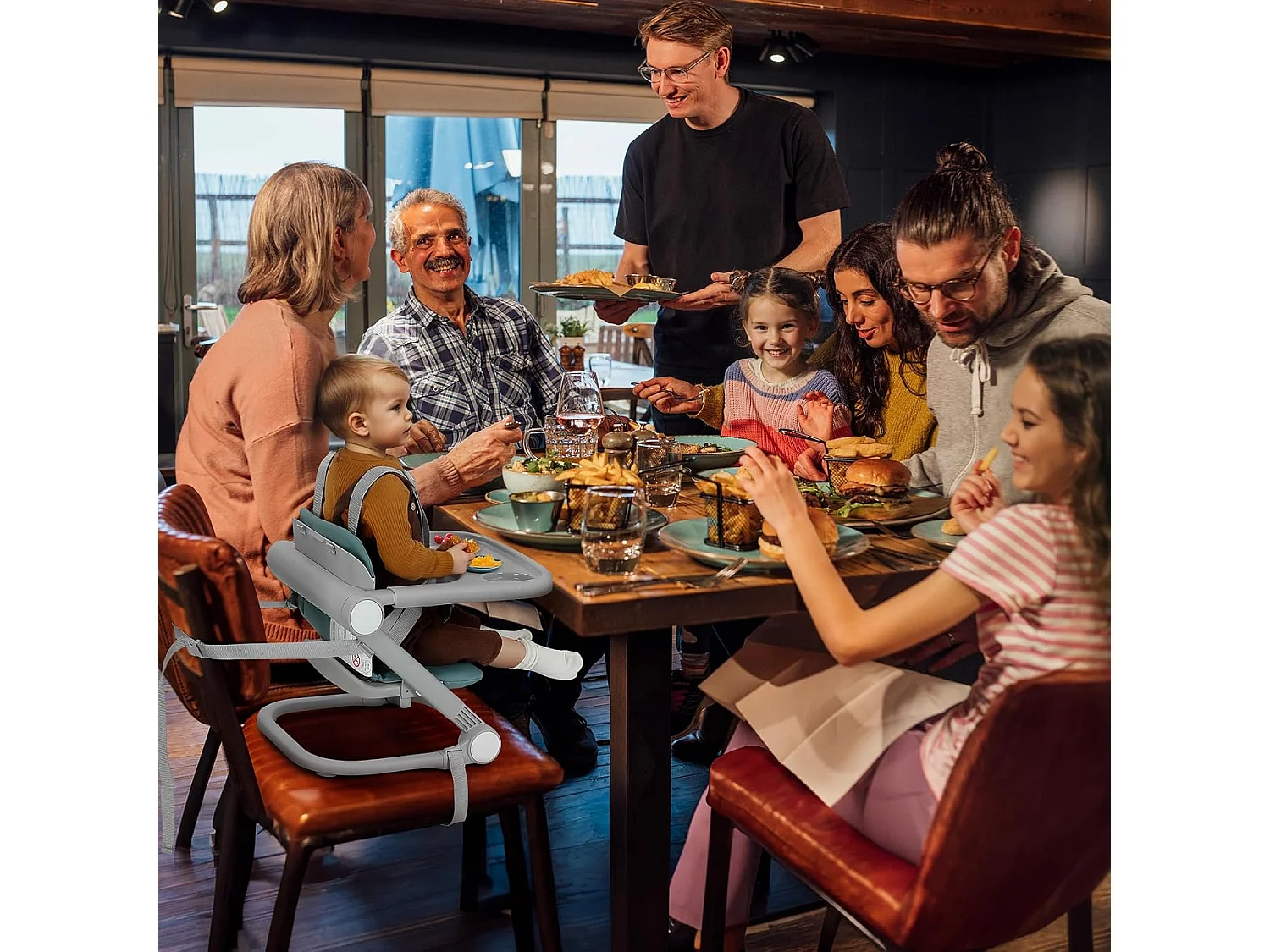 Chaise haute portable pour enfants avec plateau amovible, coussin en PU et ceinture de sécurité à 5 points, hauteur réglable, vert