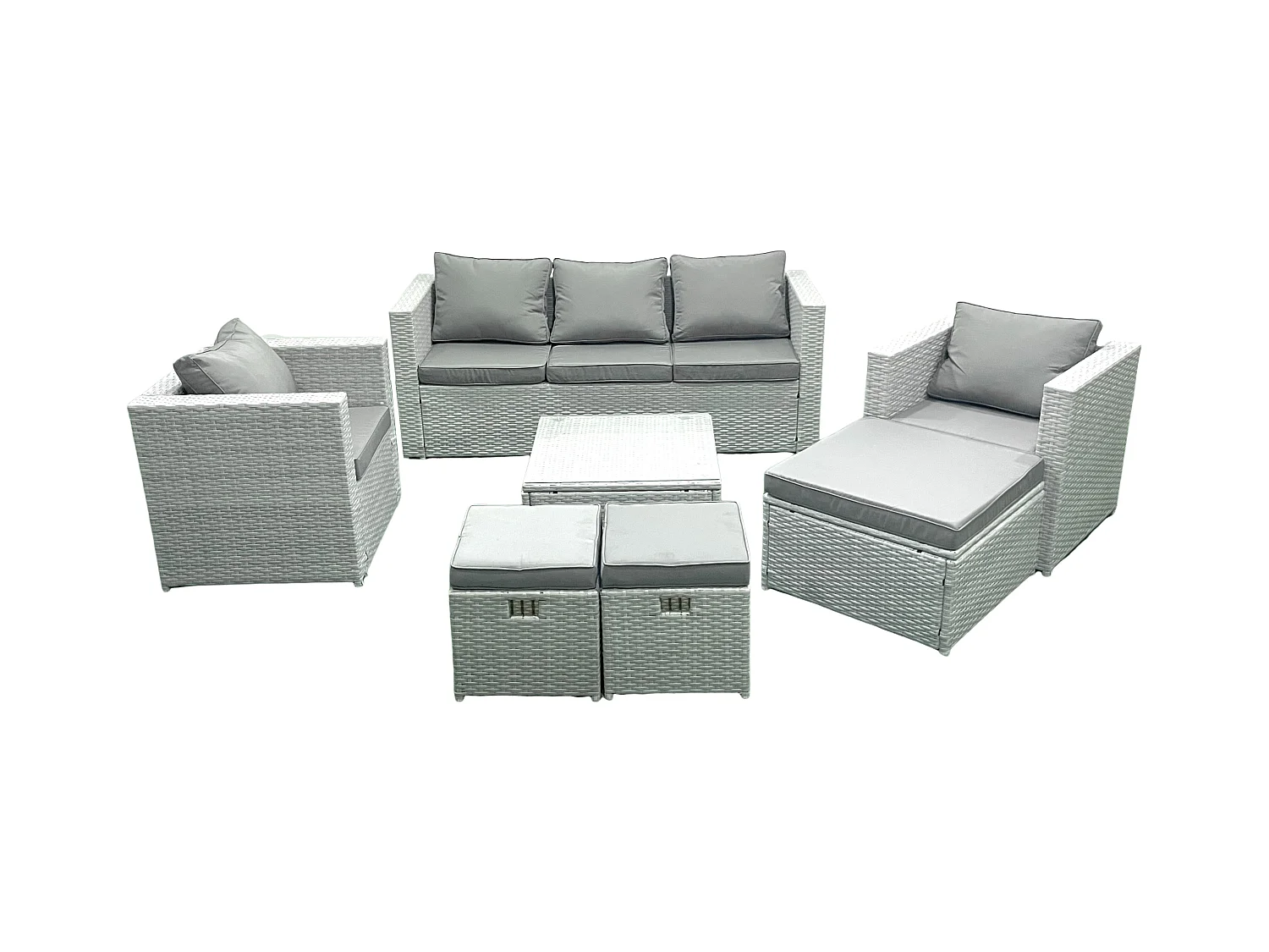 Ensemble de meubles d'extérieur en rotin avec Table basse carrée 2 Chaises 3 Tabourets Gris clair mixte