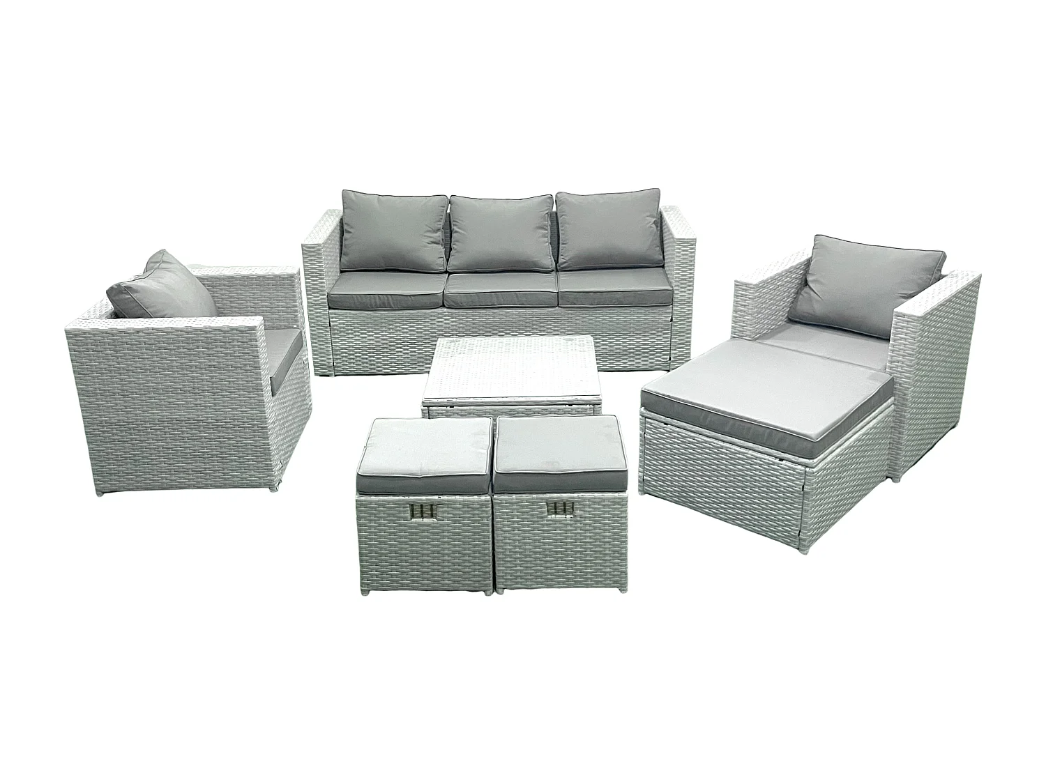 Ensemble de meubles d'extérieur en rotin avec Table basse carrée 2 Chaises 3 Tabourets Gris clair mixte