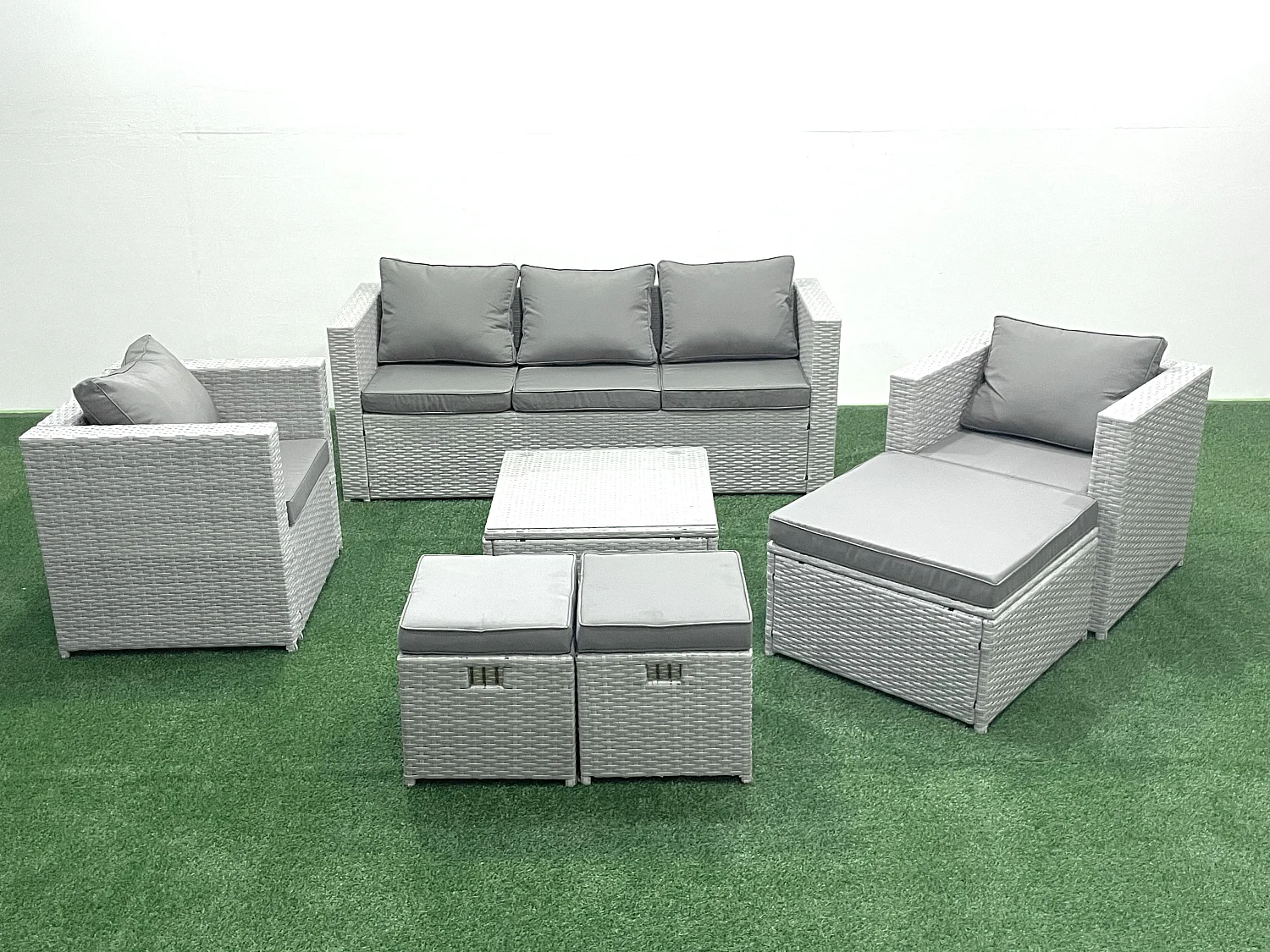 Ensemble de meubles d'extérieur en rotin avec Table basse carrée 2 Chaises 3 Tabourets Gris clair mixte