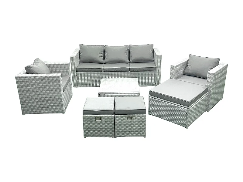 Ensemble de meubles d'extérieur en rotin avec Table basse carrée 2 Chaises 3 Tabourets Gris clair mixte