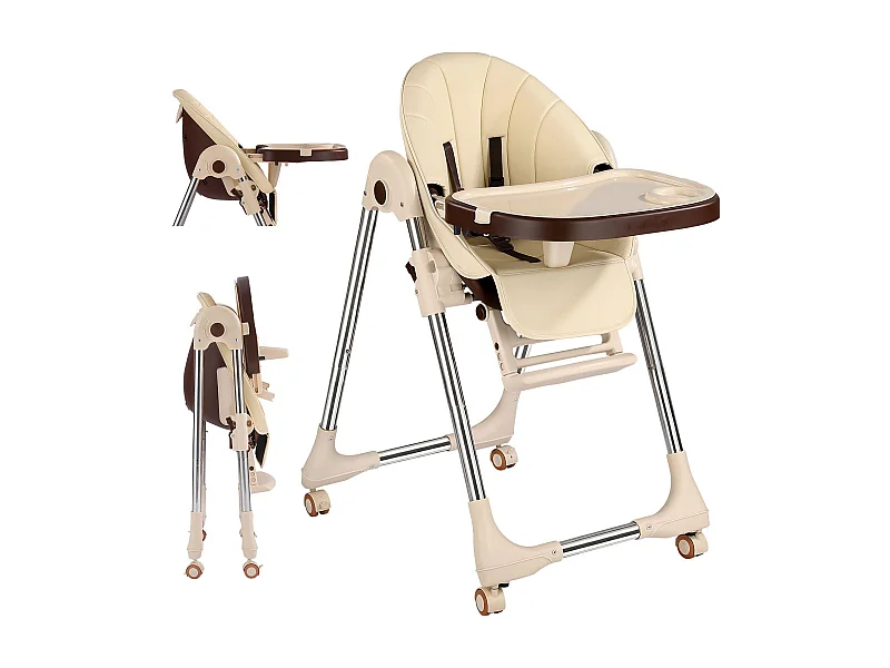 Chaise haute pliante pour enfants OUNUO avec ceinture de sécurité et coussin en simili cuir, 6 mois à 6 ans, Beige