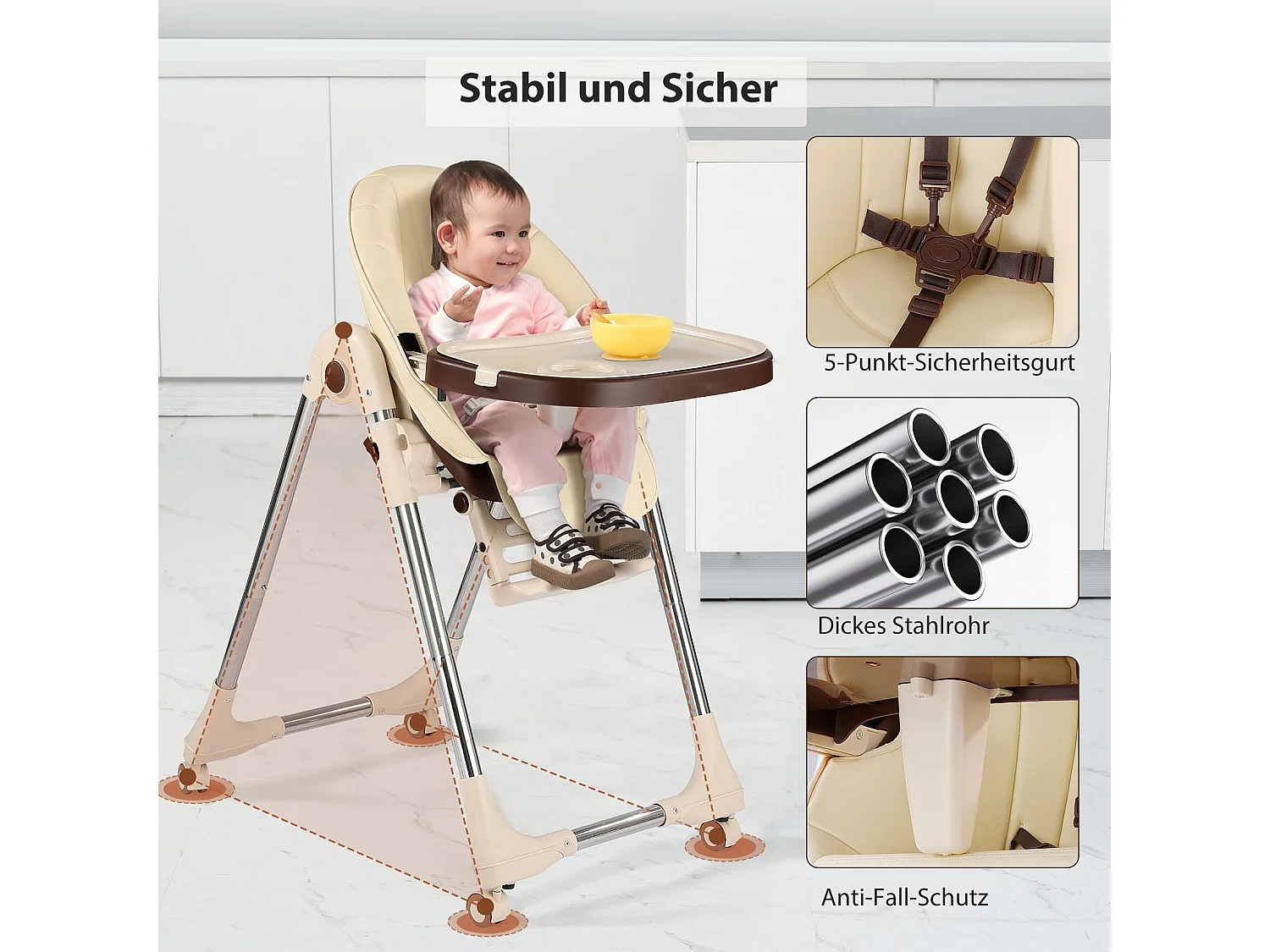 Chaise haute pliante pour enfants OUNUO avec ceinture de sécurité et coussin en simili cuir, 6 mois à 6 ans, Beige