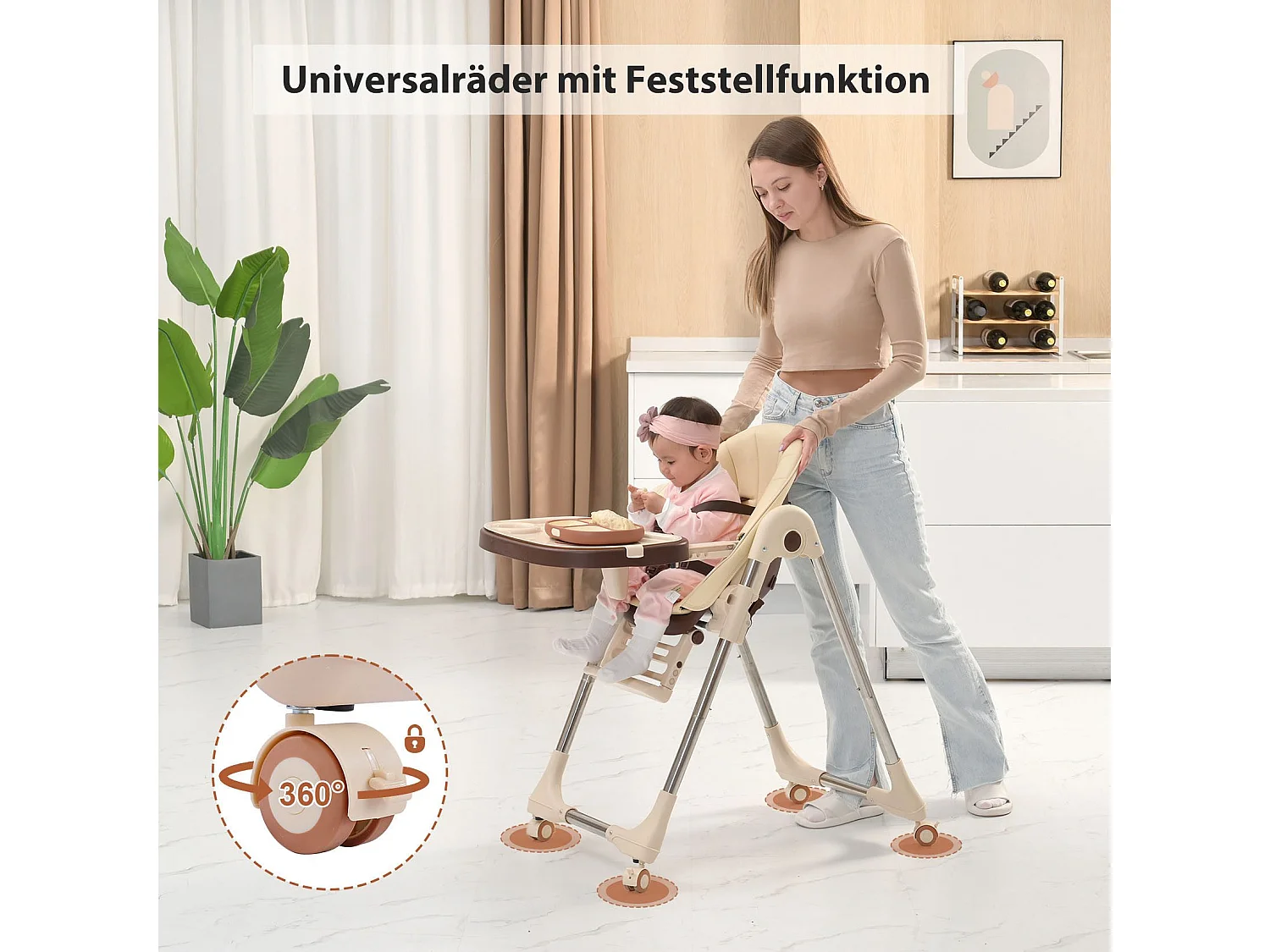 Chaise haute pliante pour enfants OUNUO avec ceinture de sécurité et coussin en simili cuir, 6 mois à 6 ans, Beige