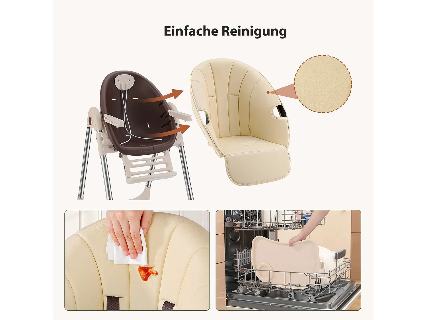 Chaise haute pliante pour enfants OUNUO avec ceinture de sécurité et coussin en simili cuir, 6 mois à 6 ans, Beige