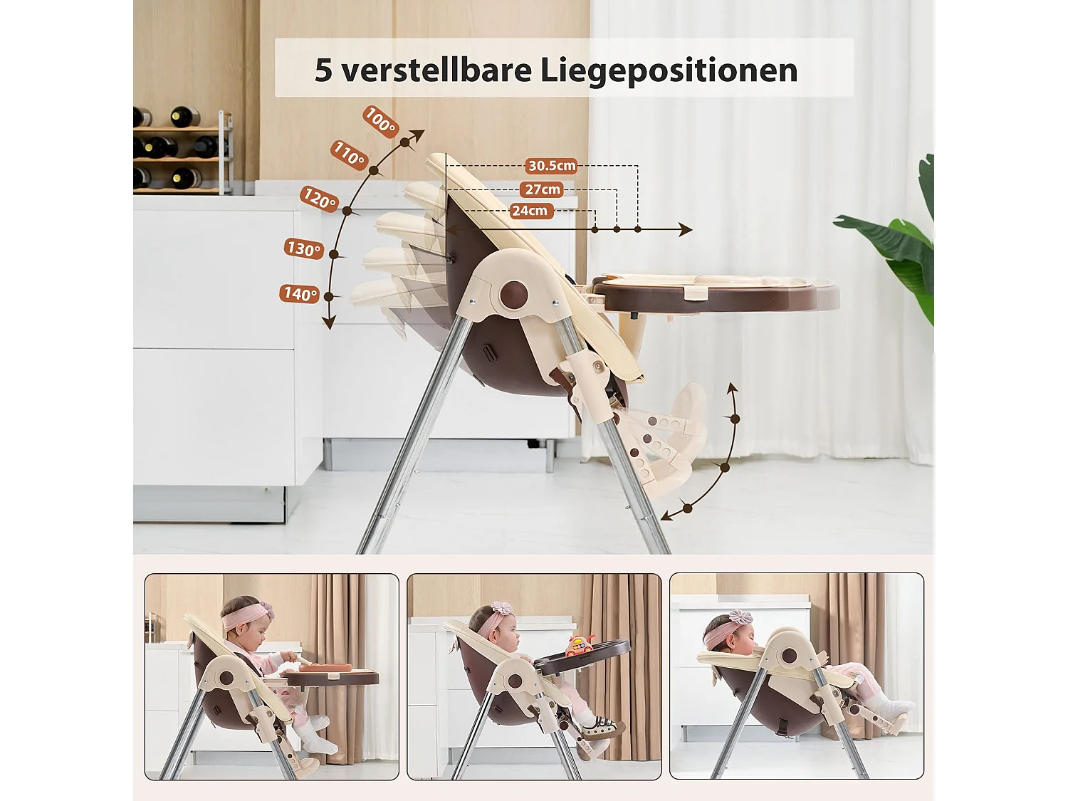 Chaise haute pliante pour enfants OUNUO avec ceinture de sécurité et coussin en simili cuir, 6 mois à 6 ans, Beige