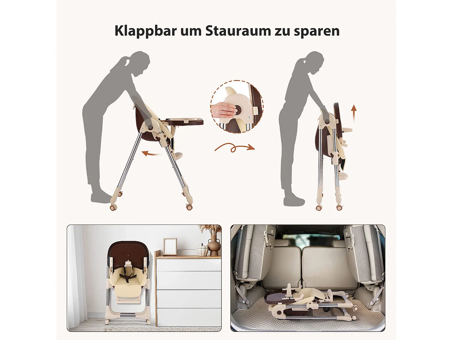 Chaise haute pliante pour enfants OUNUO avec ceinture de sécurité et coussin en simili cuir, 6 mois à 6 ans, Beige