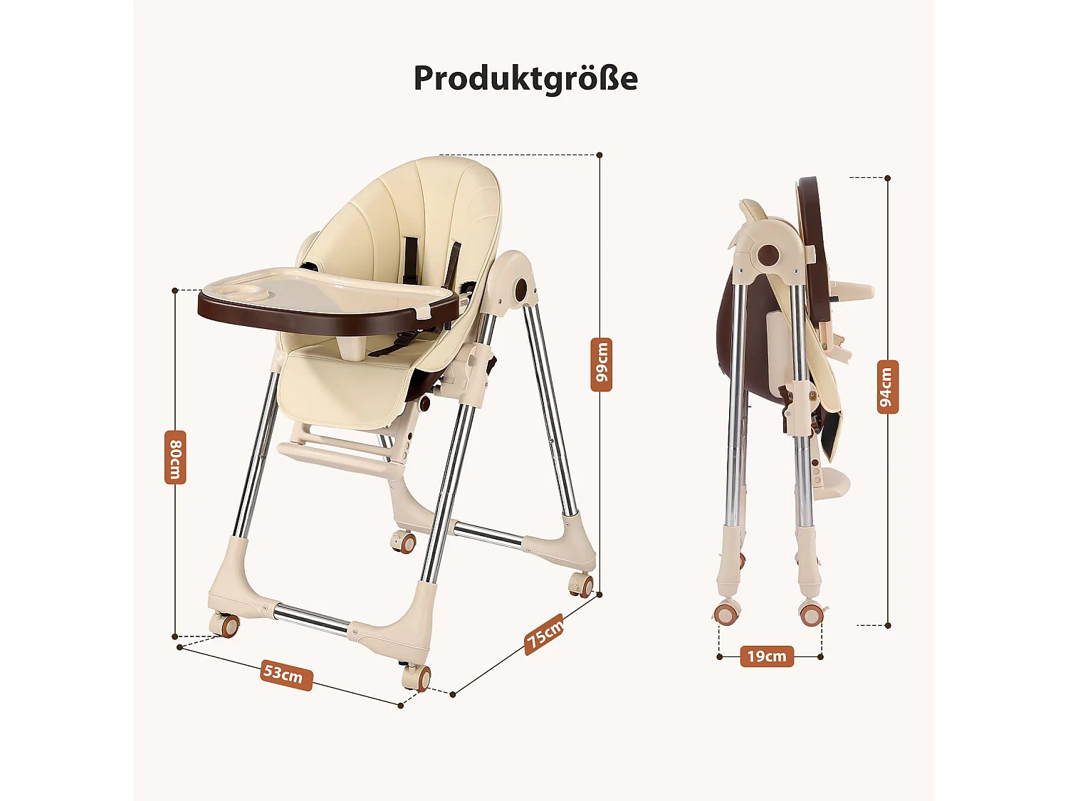 Chaise haute pliante pour enfants OUNUO avec ceinture de sécurité et coussin en simili cuir, 6 mois à 6 ans, Beige