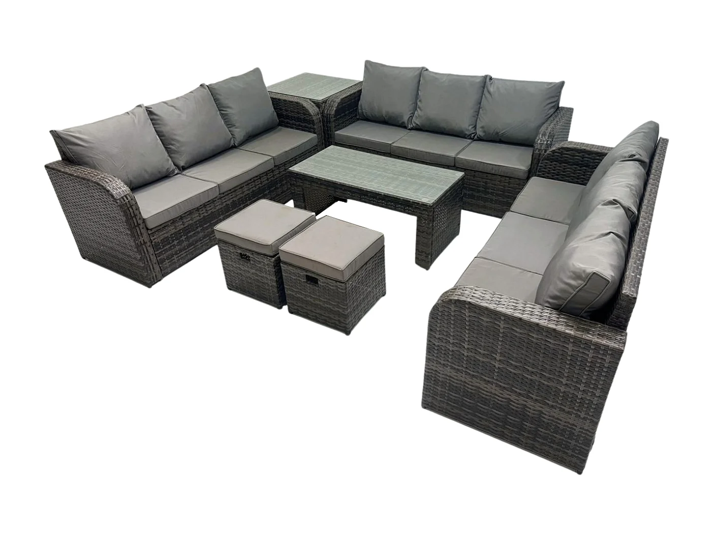 11-Sitzer Garten Sofa im Freien Set Polyrattan Gartenmöbel Set mit Rechteckiger Couchtisch Beistelltisch 2 kleine Fußhockern 3-Sitzer Sofa Dunkelgrau Gemischt