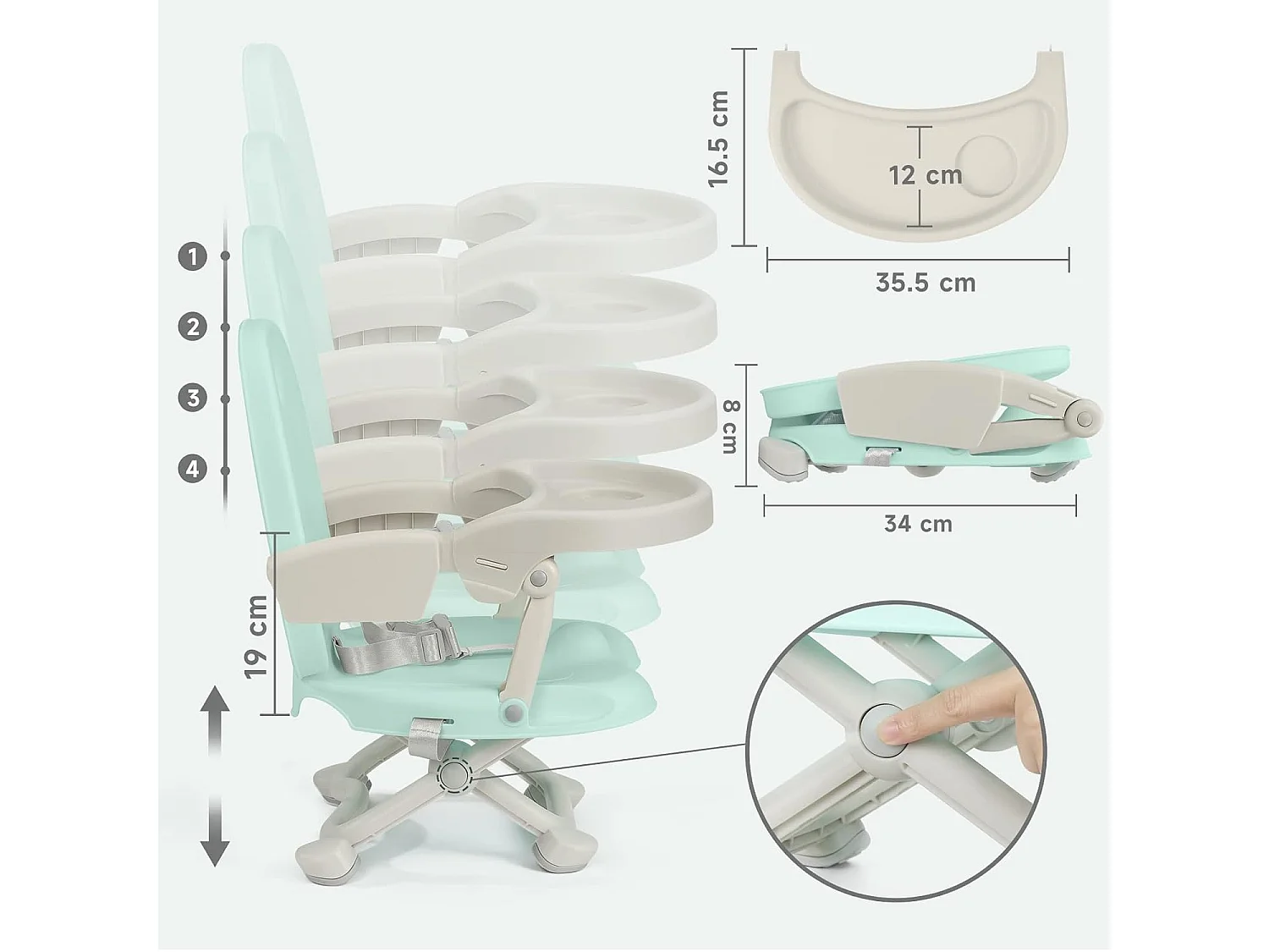 Chaise haute portable YOLEO pour bébé, Siège rehausseur avec ceinture de sécurité et plateau amovible, Convient aux enfants de 6 à 36 mois