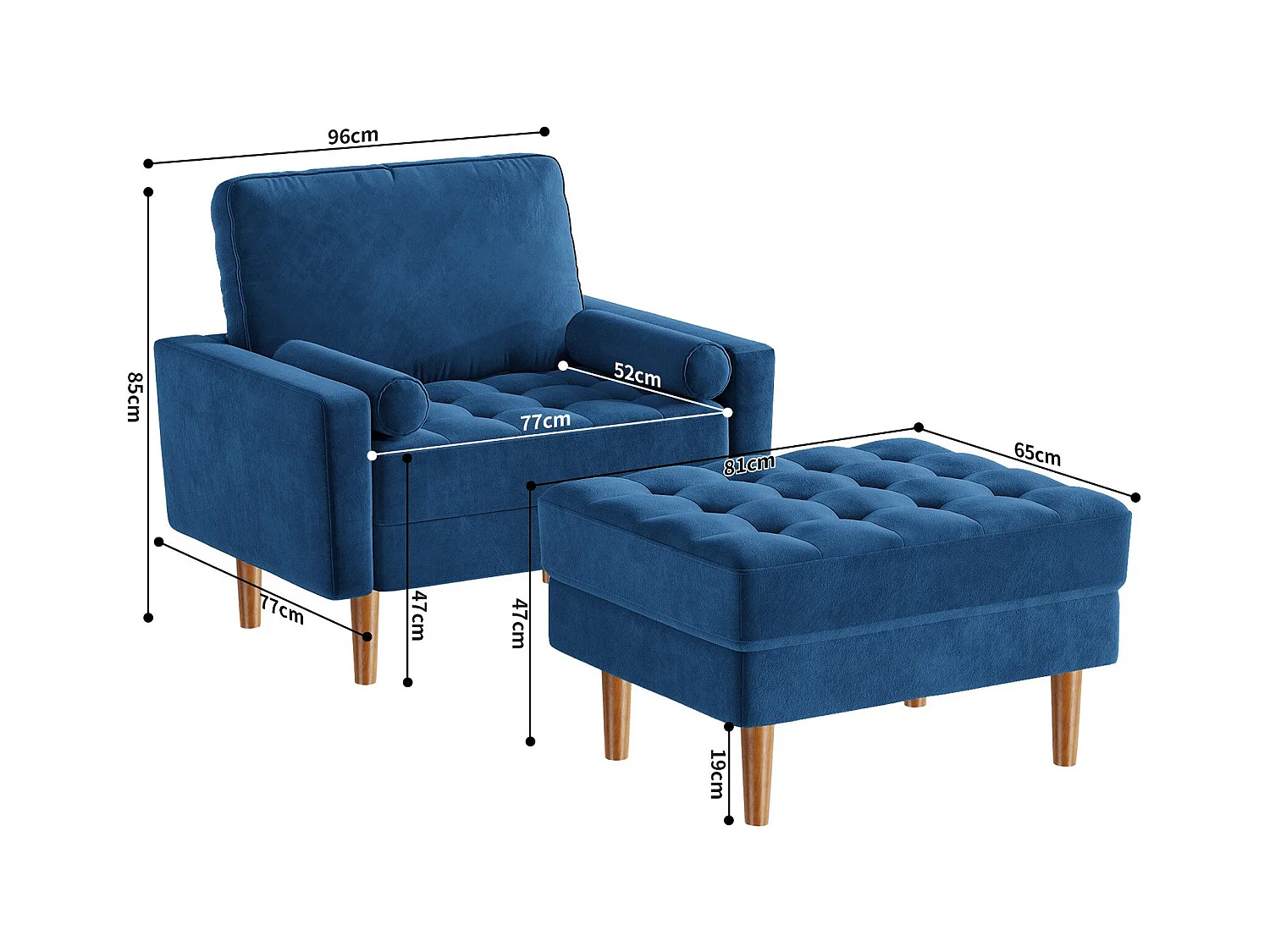 Canapé une place en tissu velours Vesgantti avec repose-pieds velours, fauteuil télé pour salon/bureau/séjour, bleu