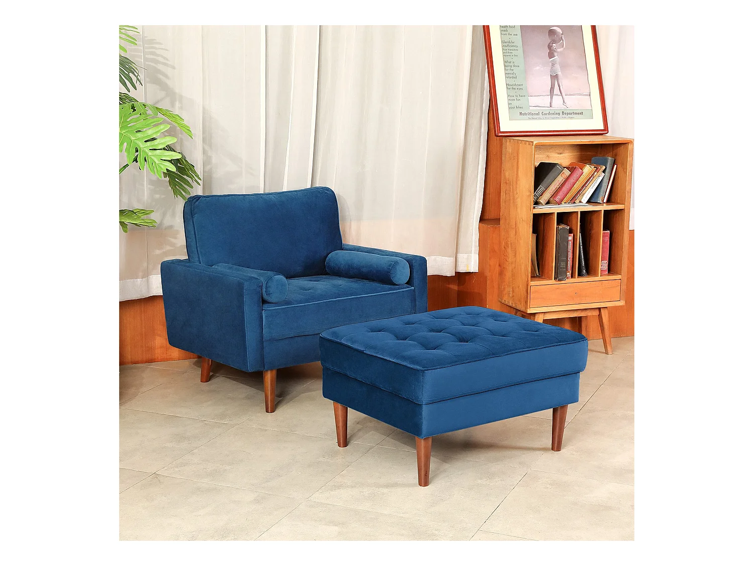 Canapé une place en tissu velours Vesgantti avec repose-pieds velours, fauteuil télé pour salon/bureau/séjour, bleu