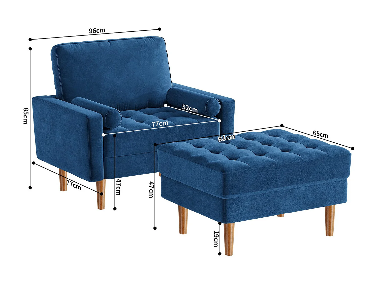 Canapé une place en tissu velours Vesgantti avec repose-pieds velours, fauteuil télé pour salon/bureau/séjour, bleu