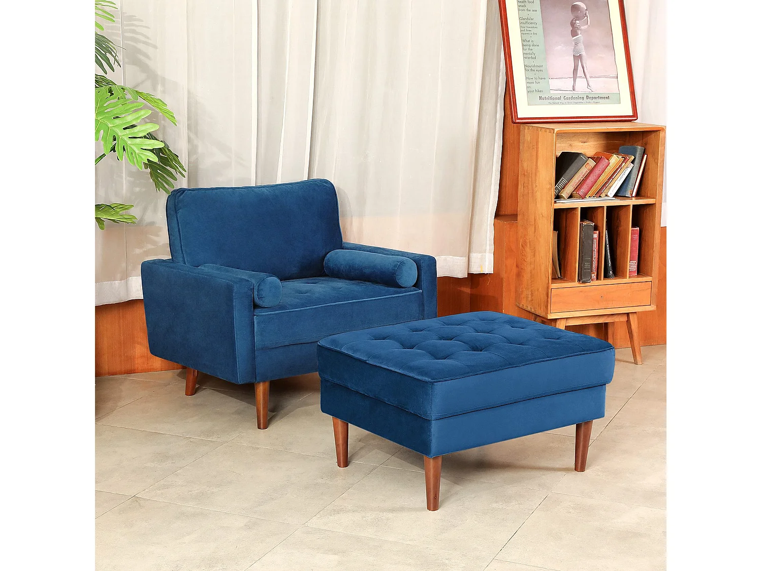 Canapé une place en tissu velours Vesgantti avec repose-pieds velours, fauteuil télé pour salon/bureau/séjour, bleu