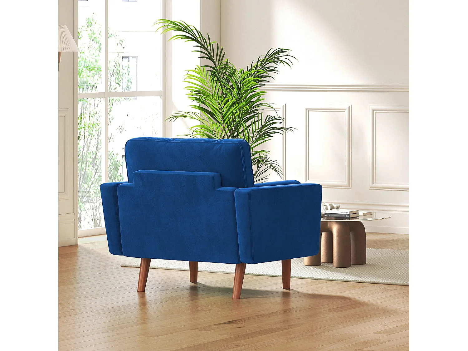 Canapé une place en tissu velours Vesgantti avec repose-pieds velours, fauteuil télé pour salon/bureau/séjour, bleu