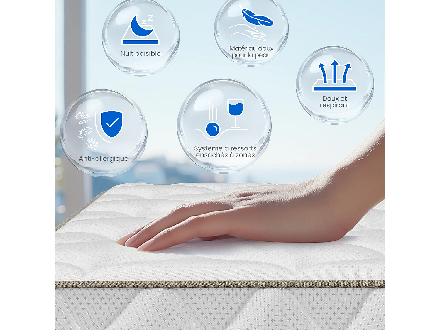 Matelas 140 x 200 cm ressorts,ensachés ép.22 cm, ergonomique 7 zones, avec housse, mousse mémoire, anti-acariens et antibactérien