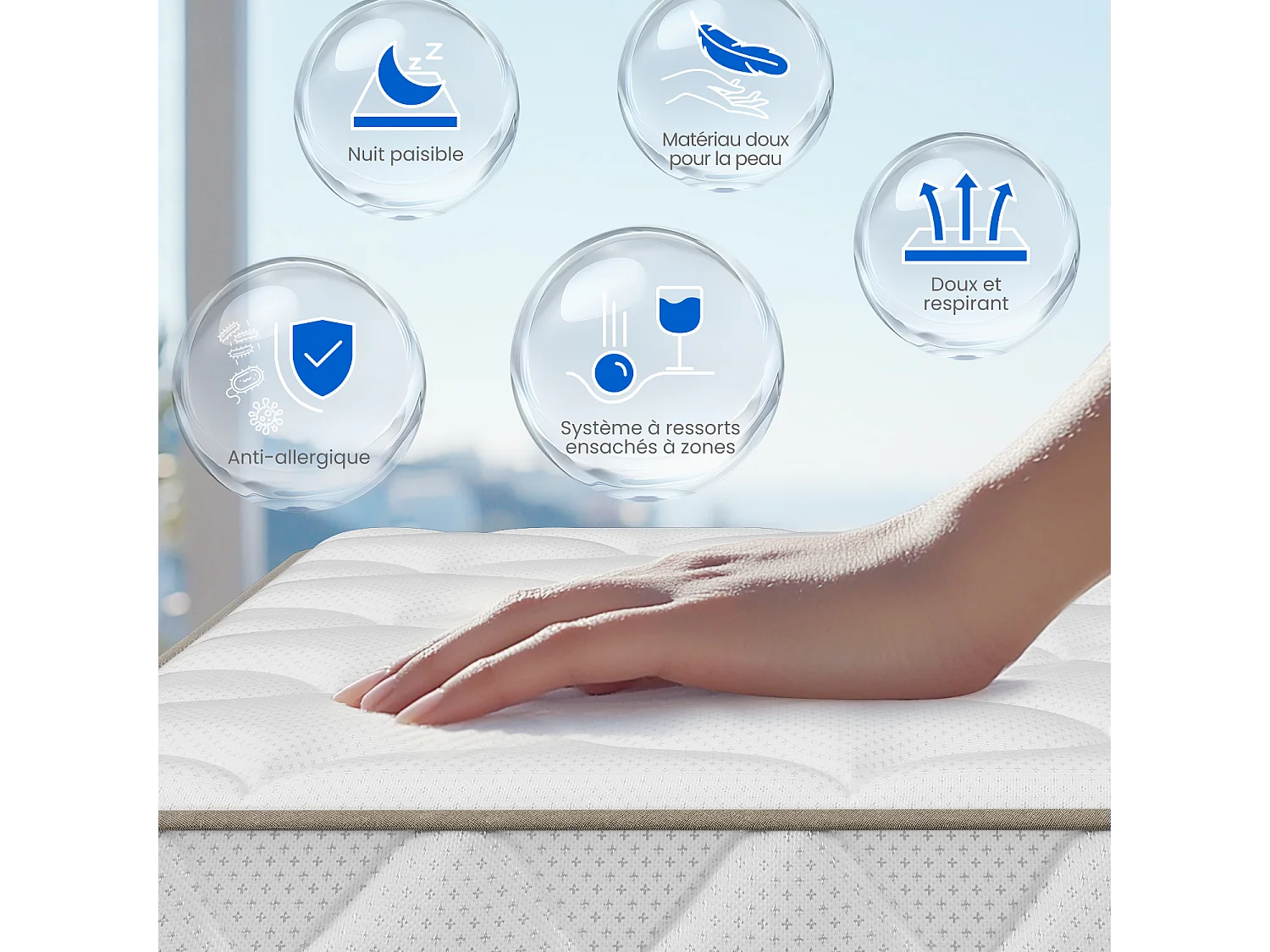 Matelas 90 x 200,Matelas Ressorts Ensachés Épaisseur 22cm,Conception Ergonomique 7 Zones,Matelas Anti-Allergique avec Housse Lavable