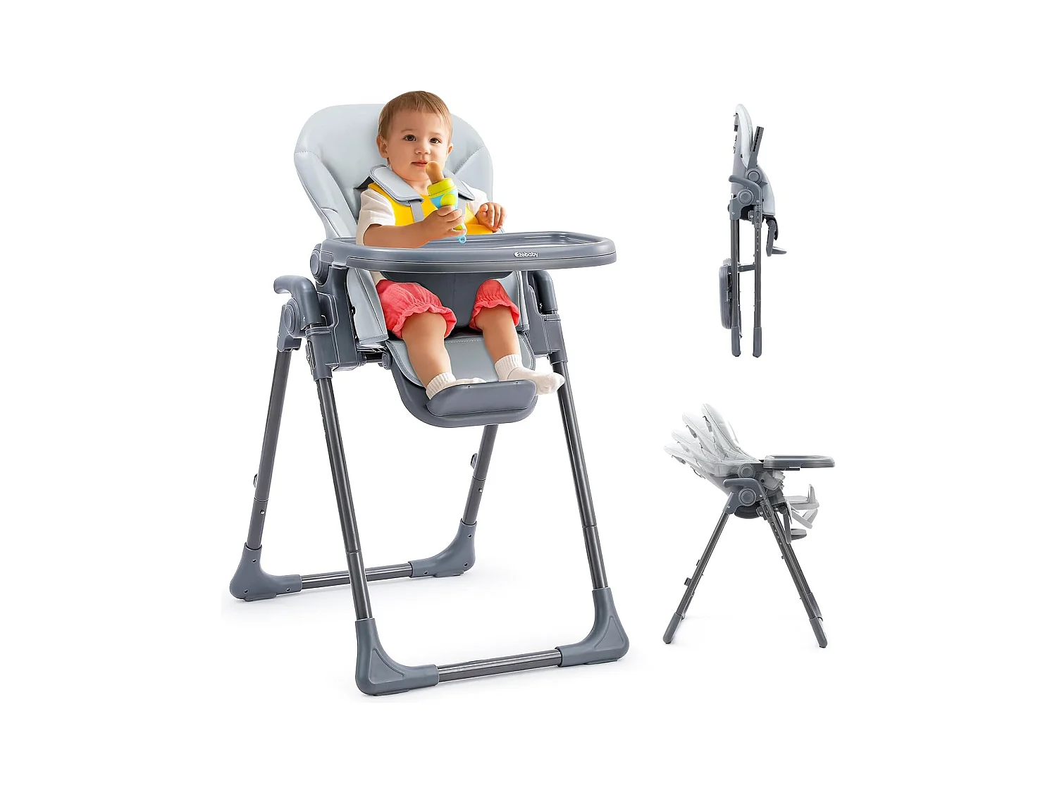 Chaise haute pliante pour enfants Ezebaby, 6 hauteurs, Siège haut pour bébé, Dossier réglable, Gris