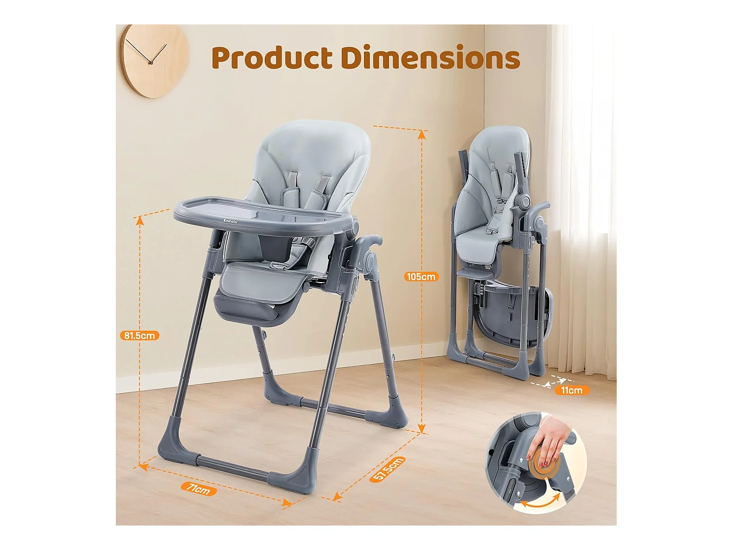 Chaise haute pliante pour enfants Ezebaby, 6 hauteurs, Siège haut pour bébé, Dossier réglable, Gris