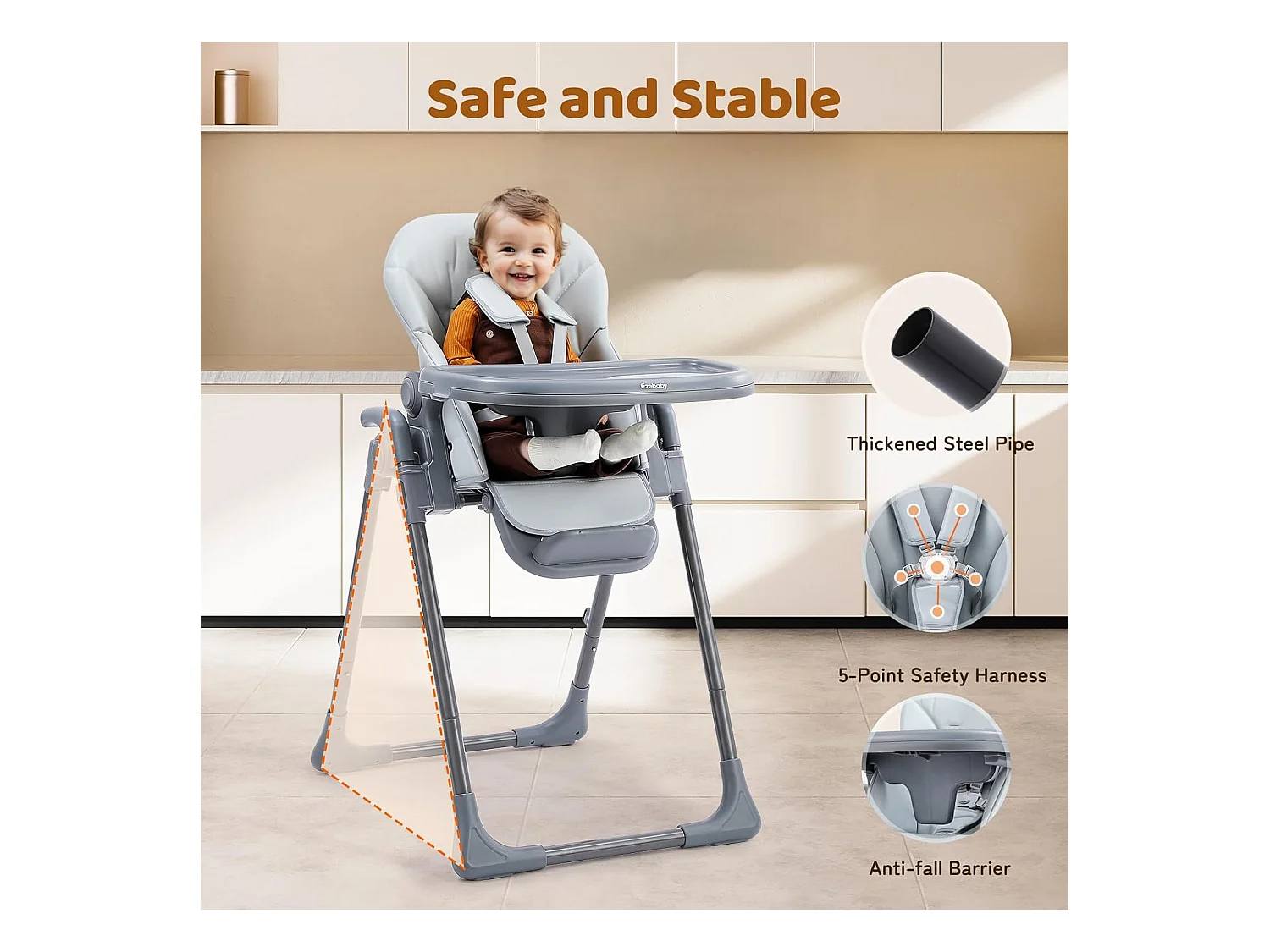 Chaise haute pliante pour enfants Ezebaby, 6 hauteurs, Siège haut pour bébé, Dossier réglable, Gris