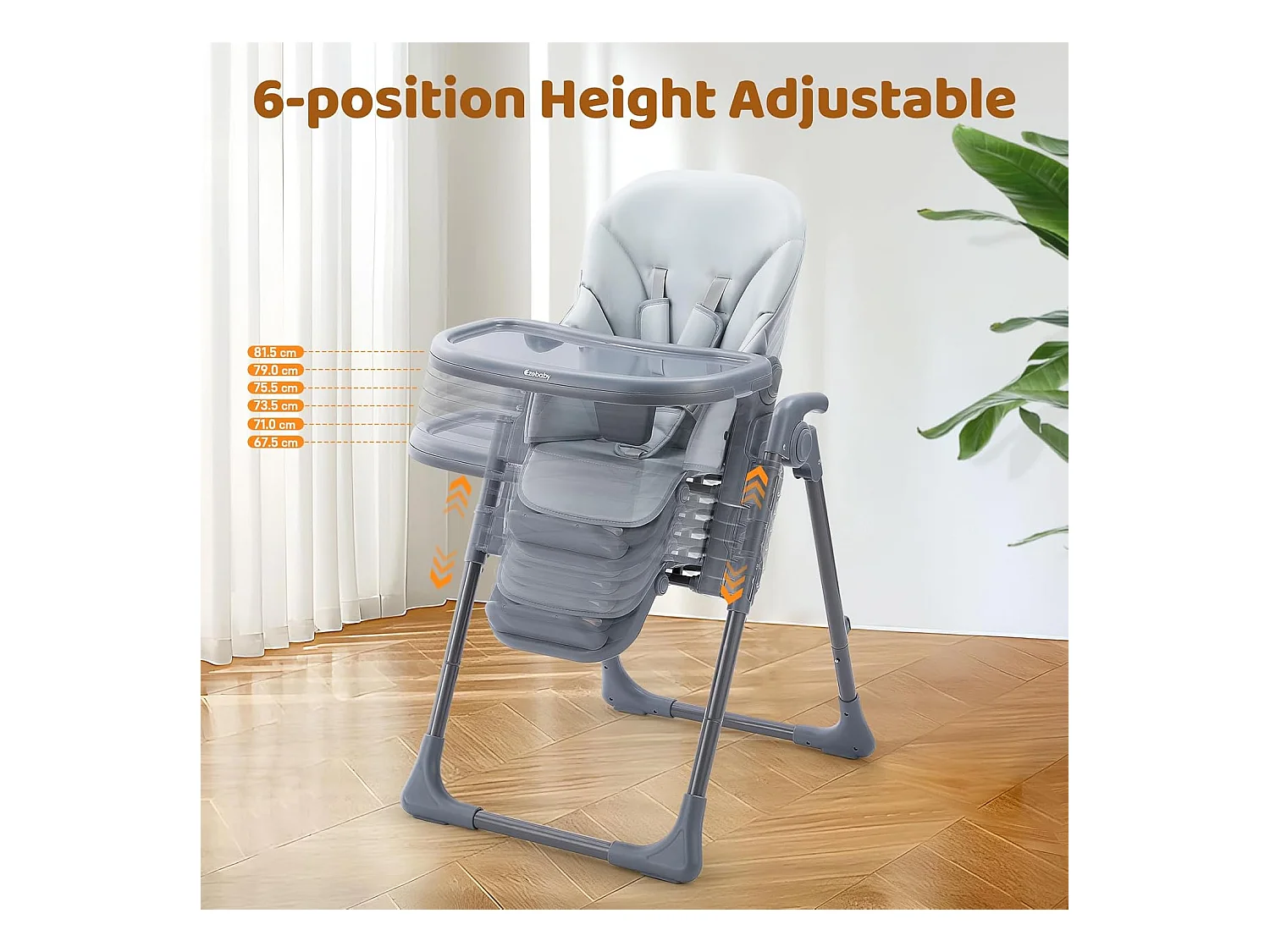 Chaise haute pliante pour enfants Ezebaby, 6 hauteurs, Siège haut pour bébé, Dossier réglable, Gris