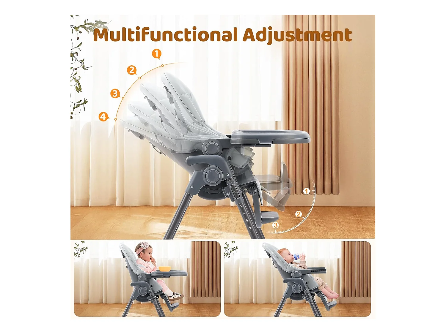 Chaise haute pliante pour enfants Ezebaby, 6 hauteurs, Siège haut pour bébé, Dossier réglable, Gris