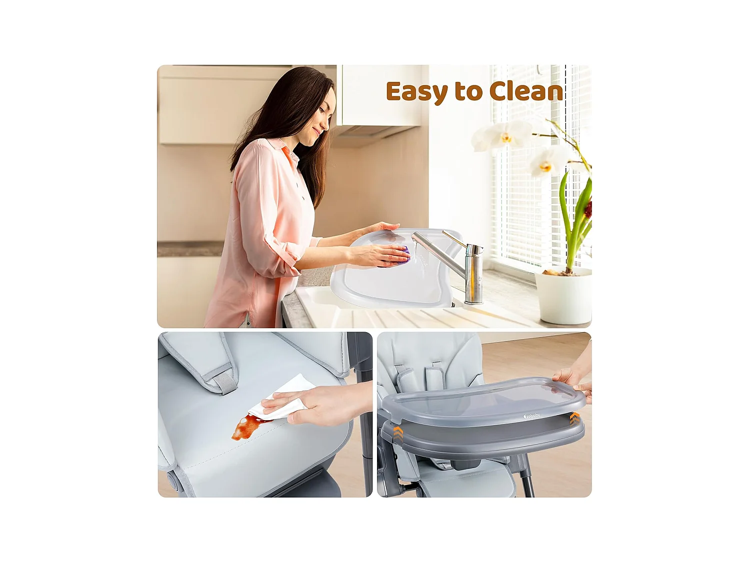 Chaise haute pliante pour enfants Ezebaby, 6 hauteurs, Siège haut pour bébé, Dossier réglable, Gris