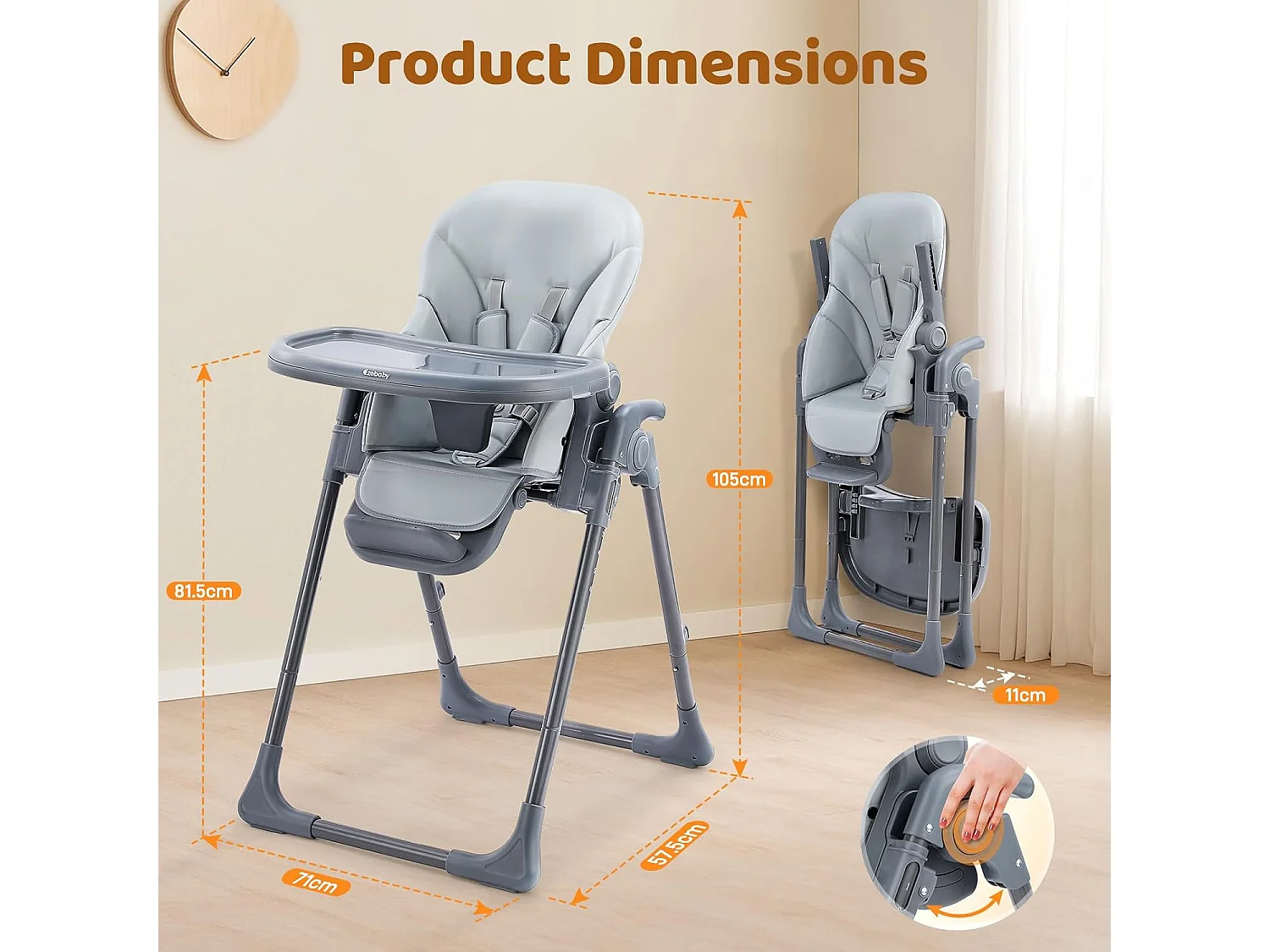 Chaise haute pliante pour enfants Ezebaby, 6 hauteurs, Siège haut pour bébé, Dossier réglable, Gris