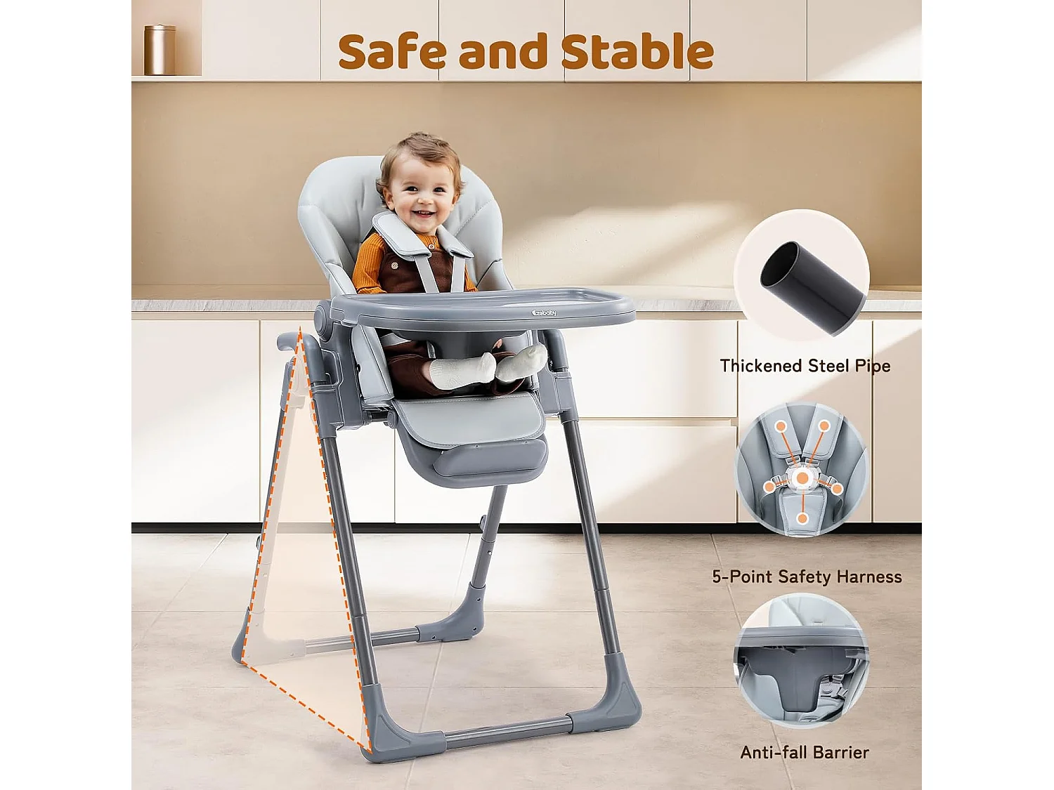 Chaise haute pliante pour enfants Ezebaby, 6 hauteurs, Siège haut pour bébé, Dossier réglable, Gris