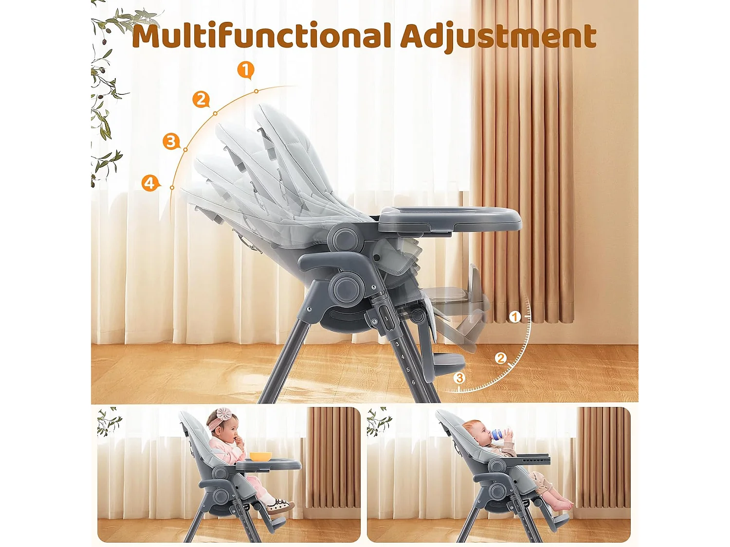 Chaise haute pliante pour enfants Ezebaby, 6 hauteurs, Siège haut pour bébé, Dossier réglable, Gris