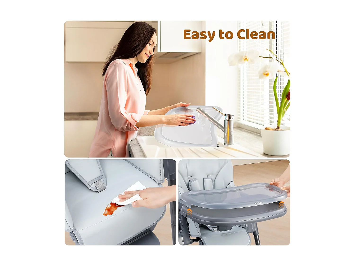 Chaise haute pliante pour enfants Ezebaby, 6 hauteurs, Siège haut pour bébé, Dossier réglable, Gris