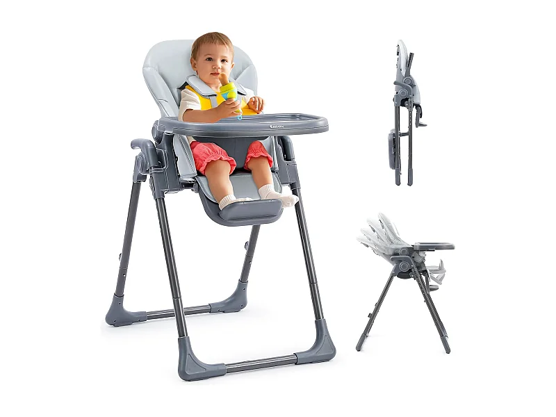 Chaise haute pliante pour enfants Ezebaby, 6 hauteurs, Siège haut pour bébé, Dossier réglable, Gris