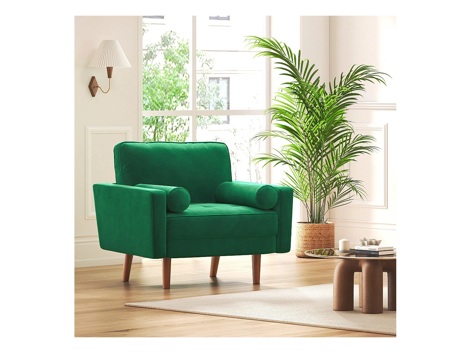 Fauteuil d'appoint en velours vert Vesgantti avec 2 coussins, fauteuils confortables pour chambre, bureau