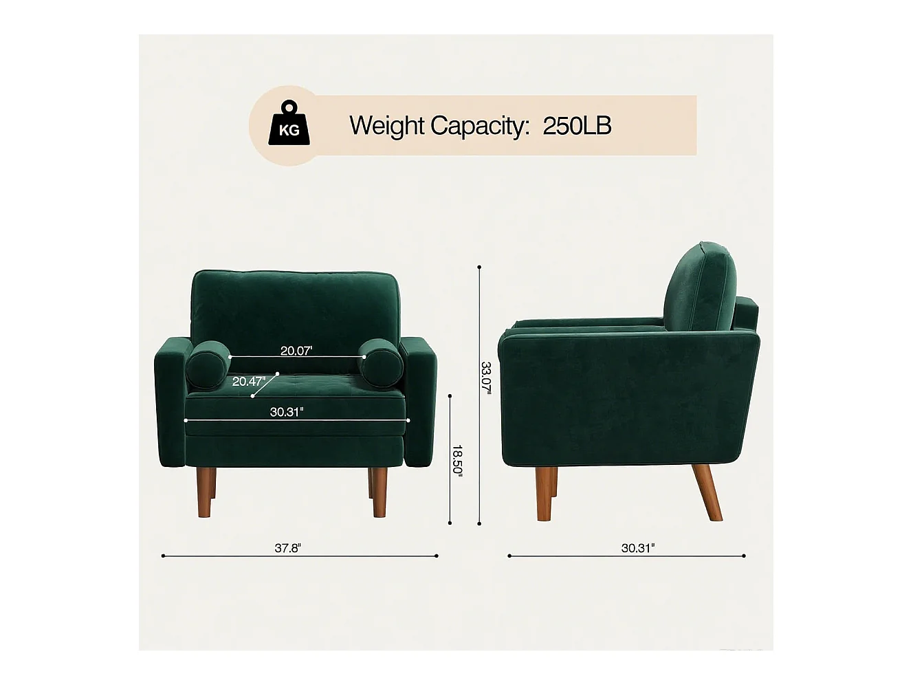 Fauteuil d'appoint en velours vert Vesgantti avec 2 coussins, fauteuils confortables pour chambre, bureau